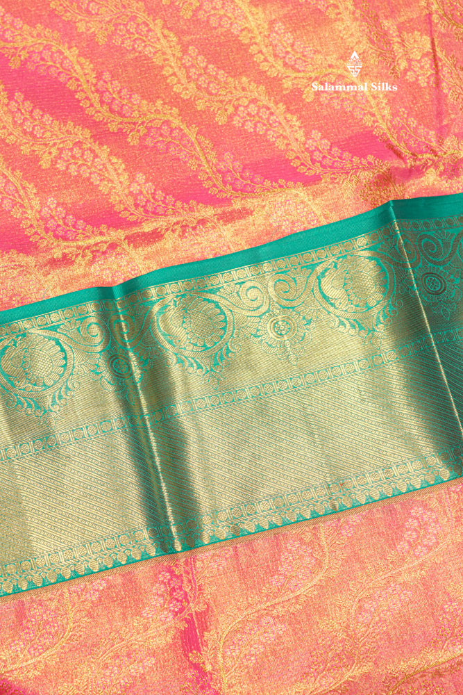 Pink Color Kanjivaram Pure Silk Saree with Saphire Green Border and Blouse
