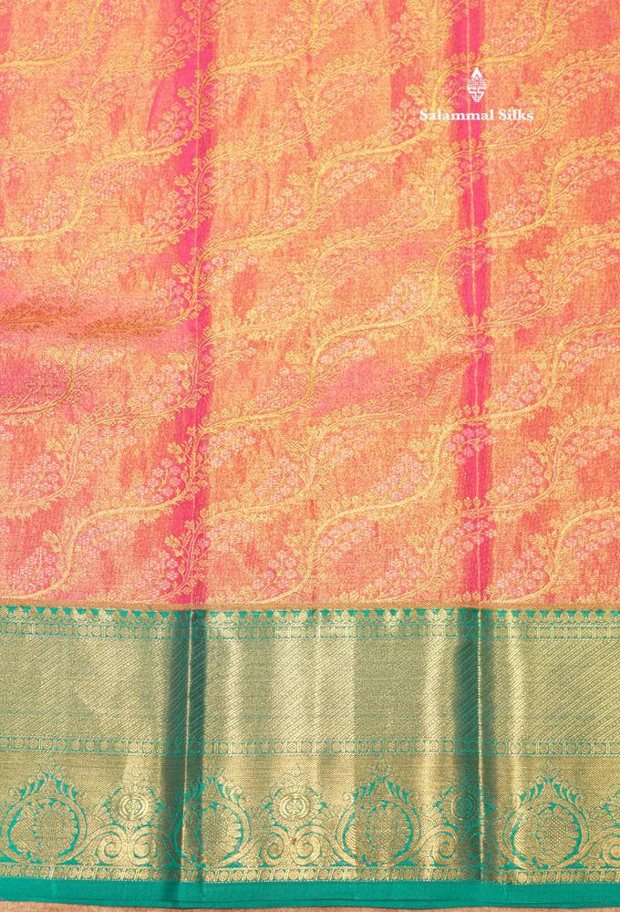 Pink Color Kanjivaram Pure Silk Saree with Saphire Green Border and Blouse