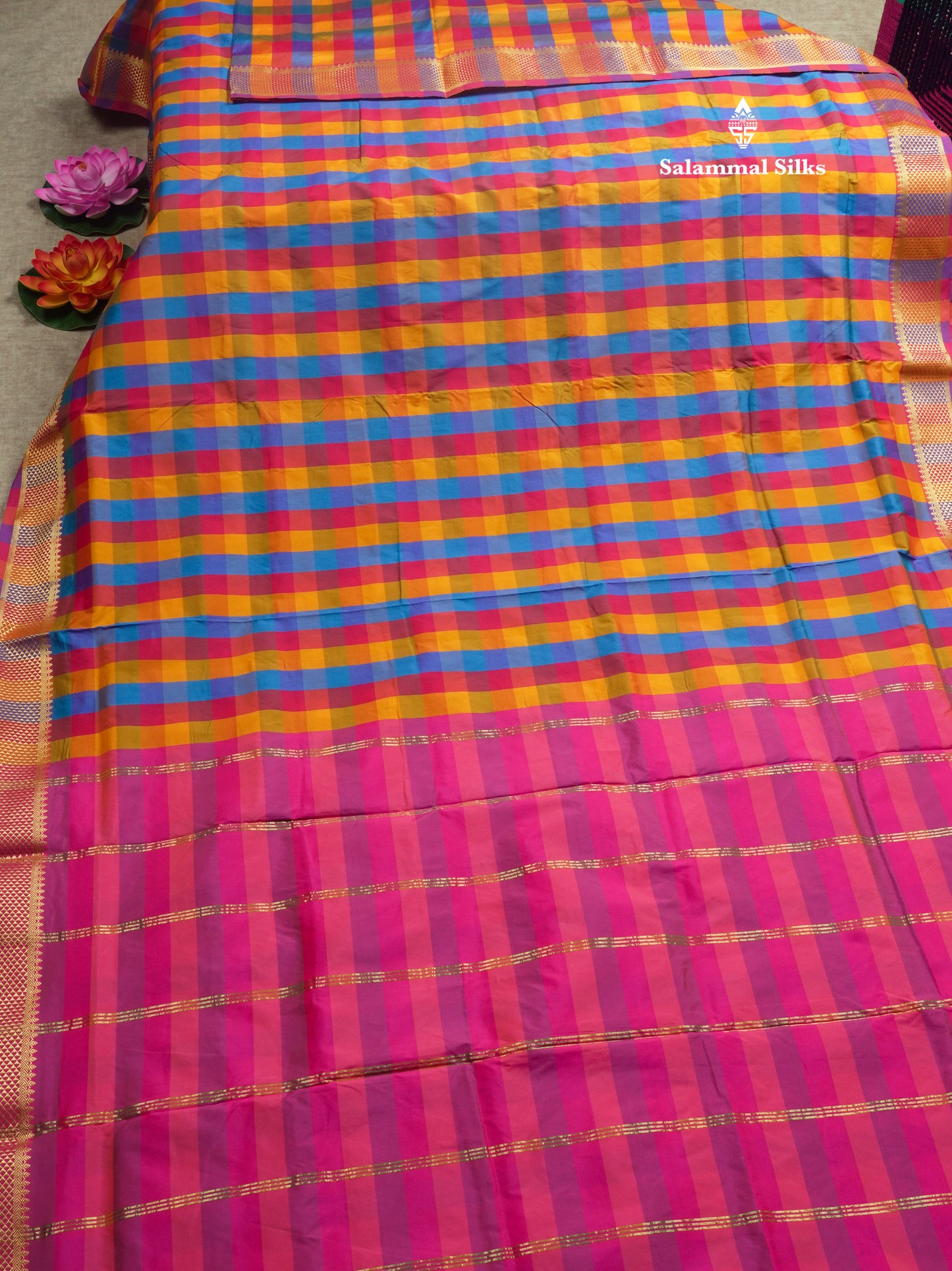 9.5 Yards Semi Silk Saree Multicolour Checks with Self Border