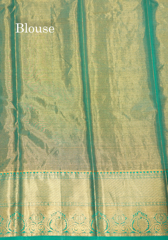 Pink Color Kanjivaram Pure Silk Saree with Saphire Green Border and Blouse