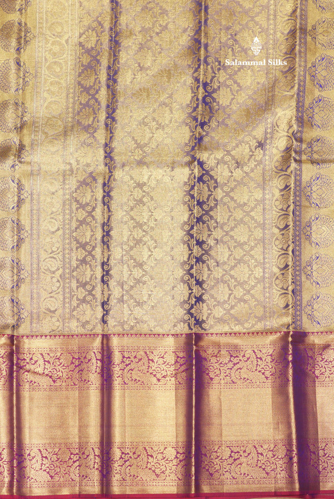 Blue Colour Tissue Pure Kanjivaram Silk Saree with Gold Zari Long Border