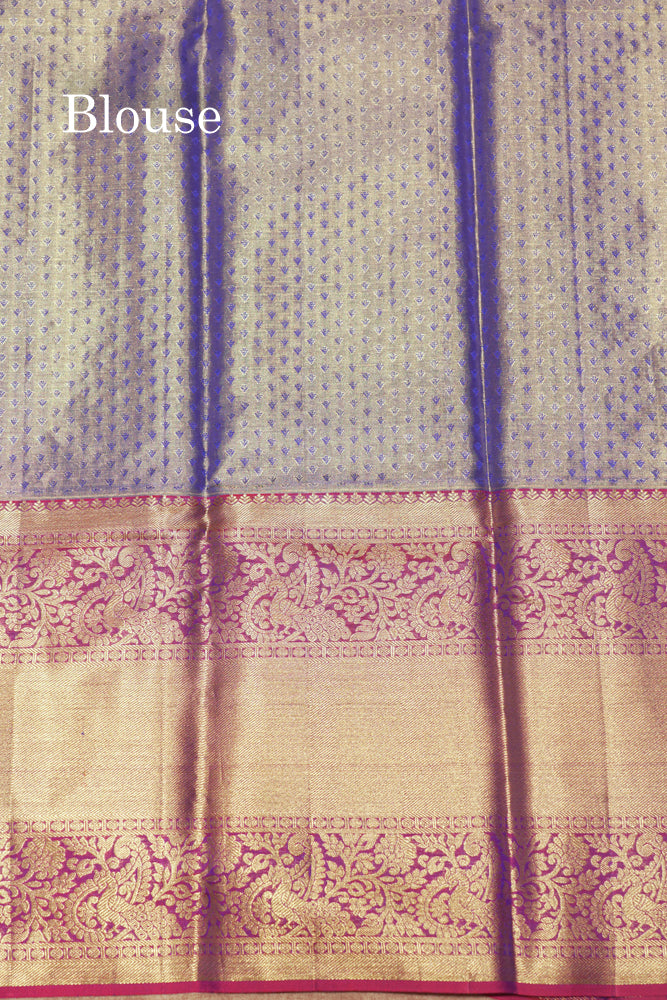 Blue Colour Tissue Pure Kanjivaram Silk Saree with Gold Zari Long Border