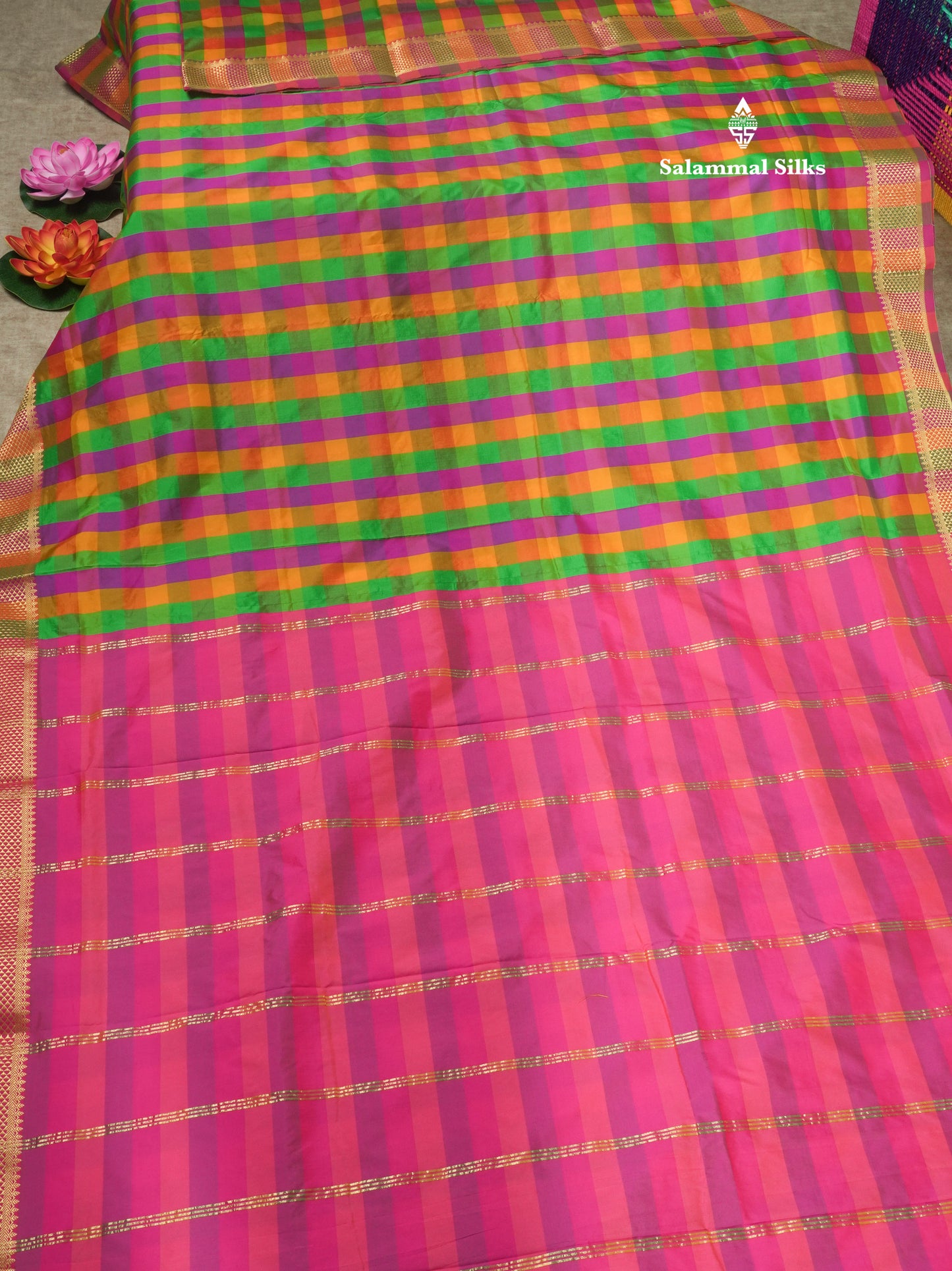 9.5 Yards Semi Silk Saree Multicolour Checks with Self Border