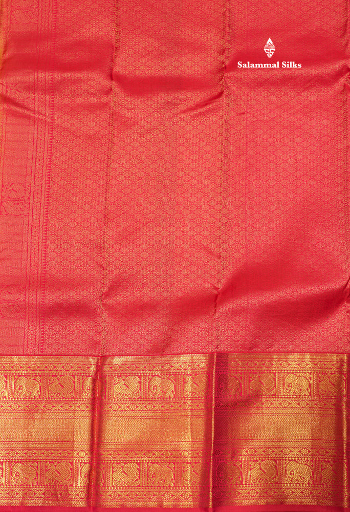 Korvai Yellow Pure Kanjivaram Silk Saree With Reddish Pink Border