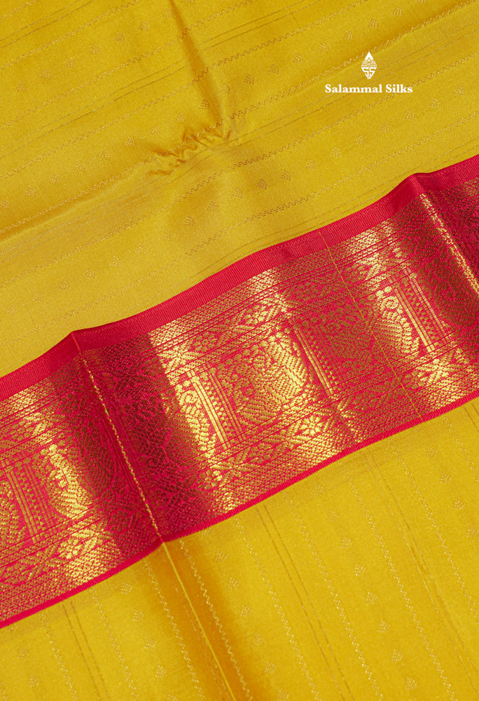 Korvai Yellow Pure Kanjivaram Silk Saree With Reddish Pink Border