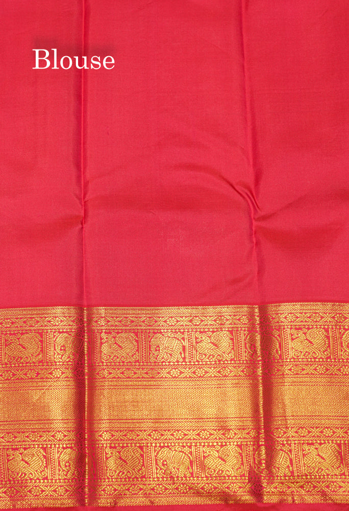 Korvai Yellow Pure Kanjivaram Silk Saree With Reddish Pink Border