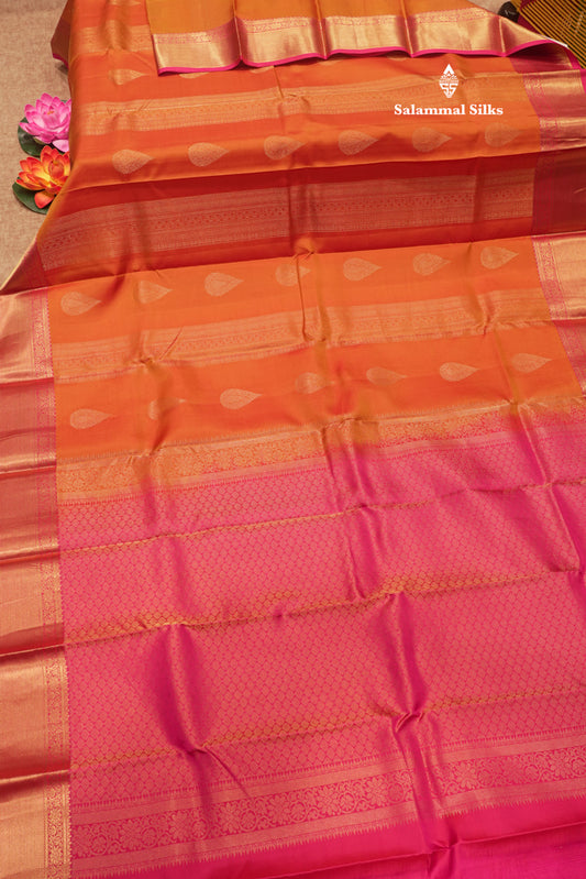 Peach Orange Colour Pure Kanjivaram Silk Saree With Pink Border