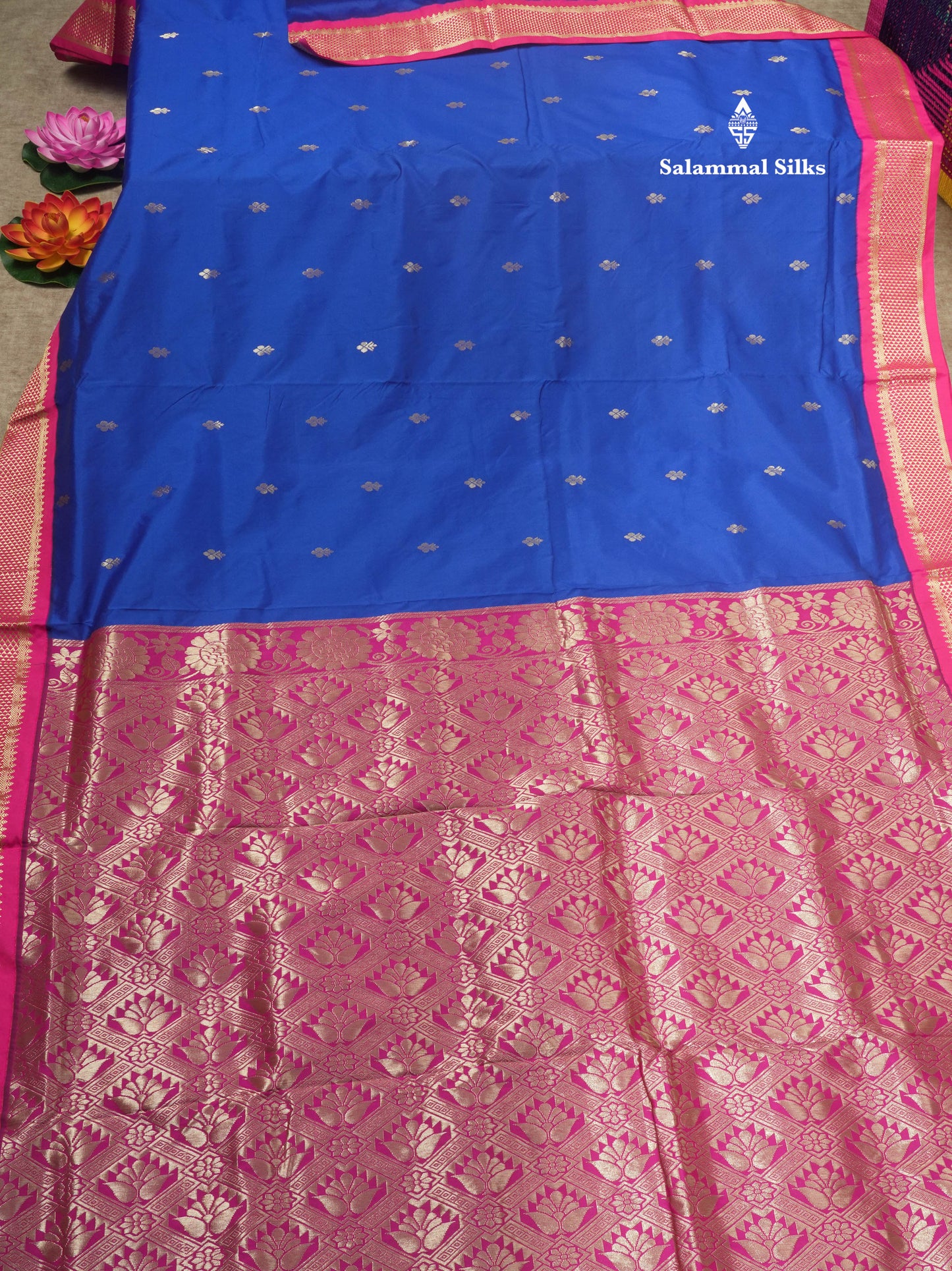 9.5 Yards Semi Silk Saree Royal Blue with Contrast Pink Border