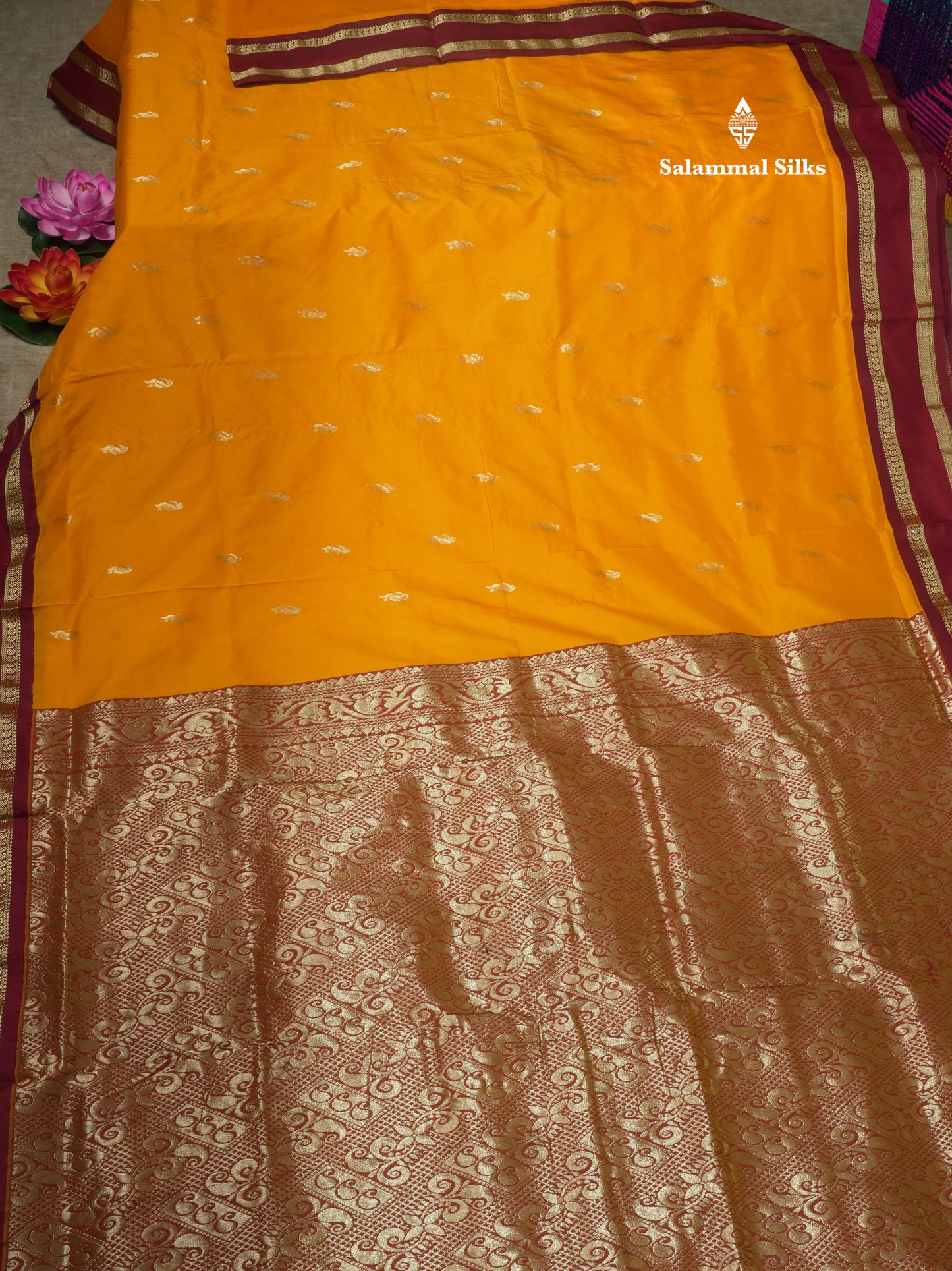 9.5 Yards Semi Silk Saree Mango Yellow with Contrast Maroon Traditional Gap Border