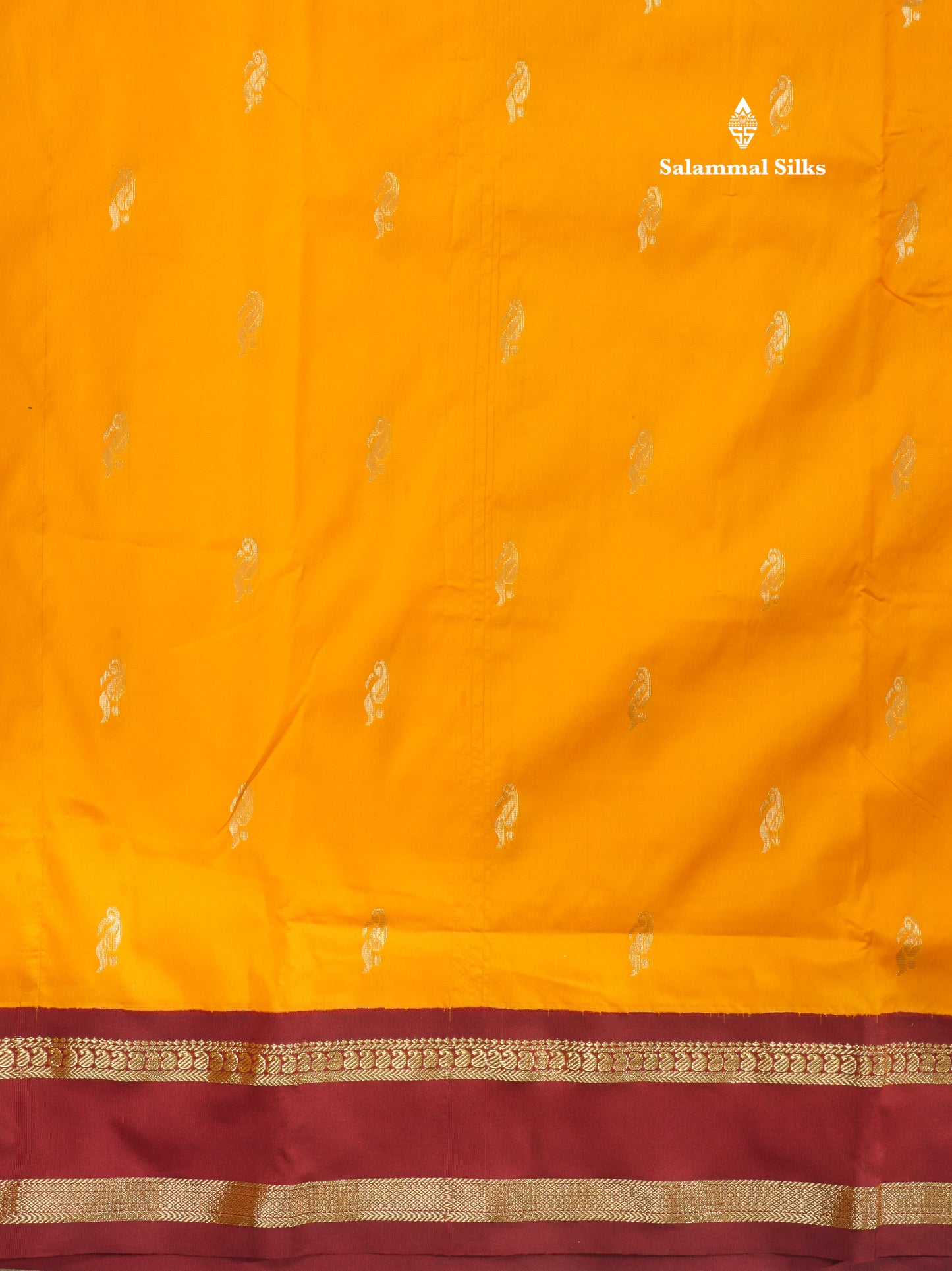 9.5 Yards Semi Silk Saree Mango Yellow with Contrast Maroon Traditional Gap Border