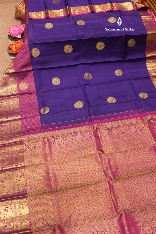 Violet Colour Pure Kanjivaram Silk Saree With Traditional Long Size Border