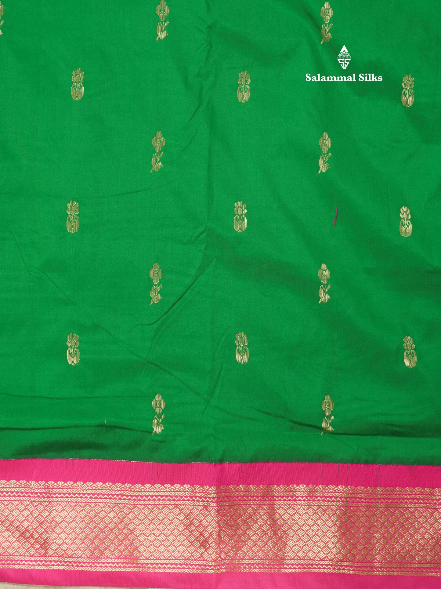 11 Yards Green Semi Silk Saree with Contrast Pink Border