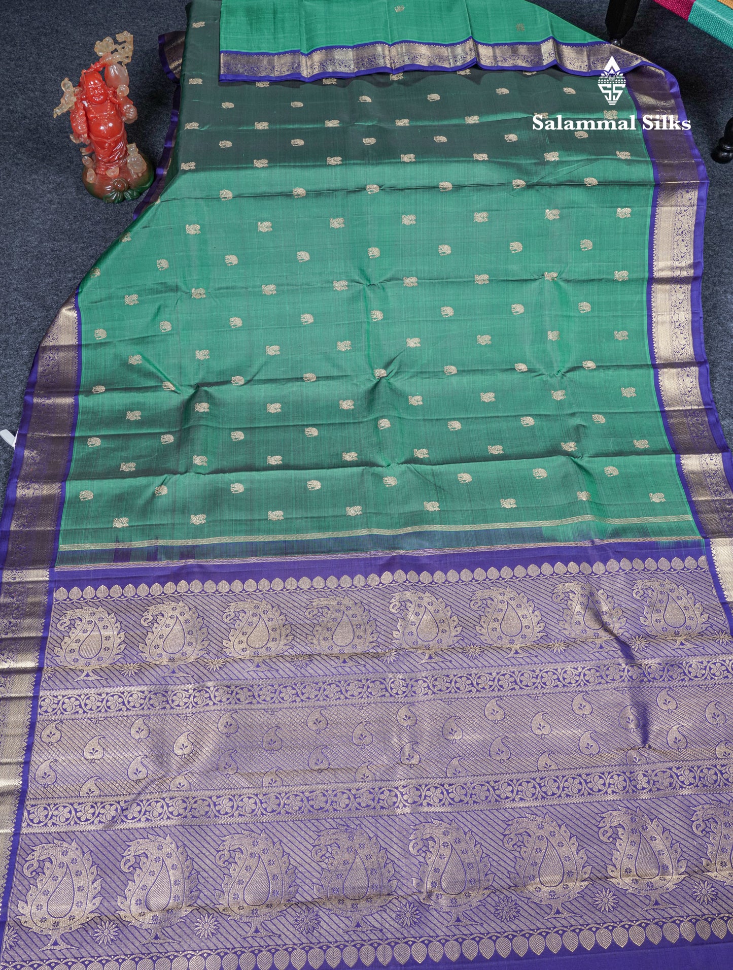 Dual Tone Green Beautiful Traditional Buttas Pure Kanjivaram Silk Saree Pure Zari with Royal Blue Border