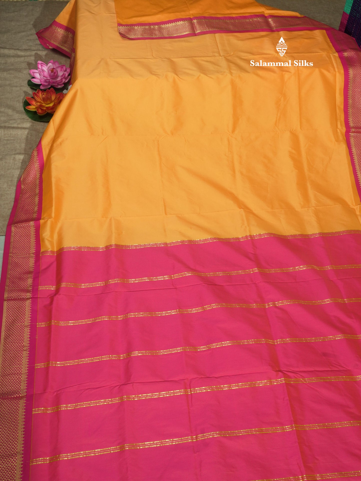9.5 Yards Semi Silk Saree Orange with Contrast Pink Border