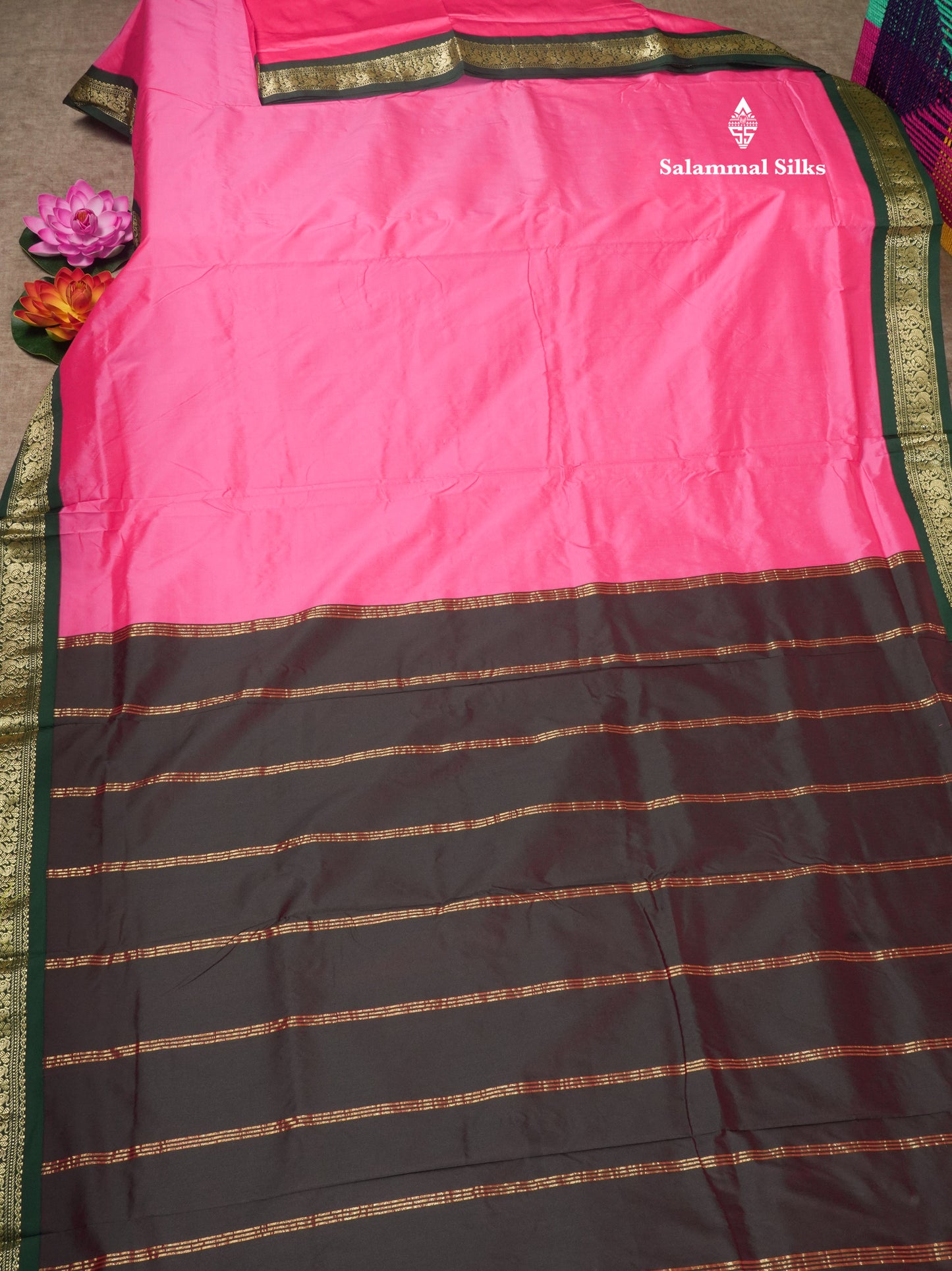 9.5 Yards Semi Silk Saree Pink with Contrast Bottle Green Border