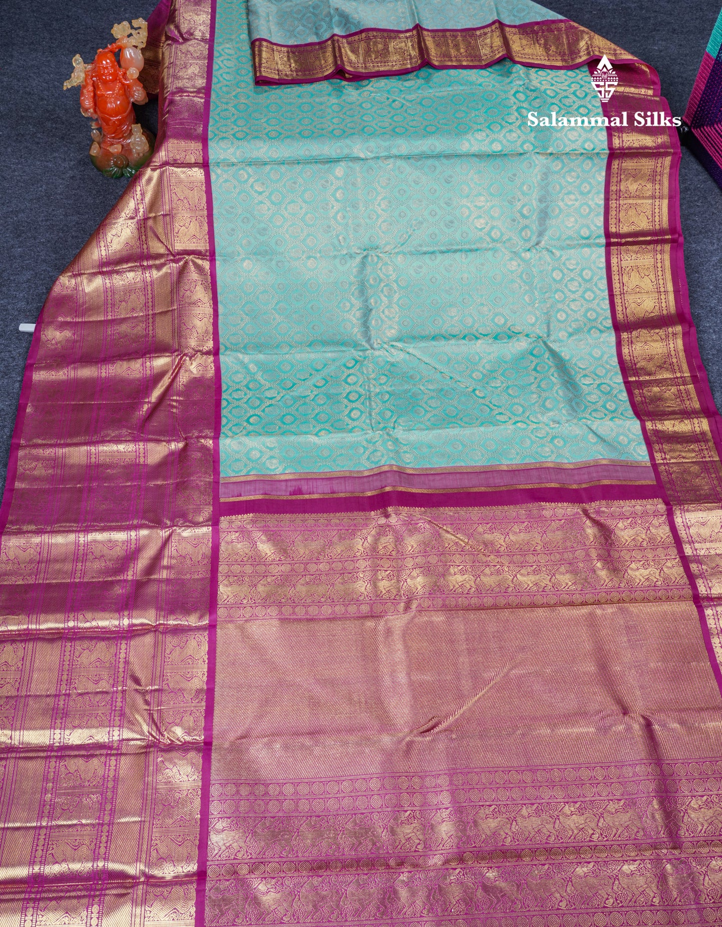 Light Ramar Blue Bridal Pure Kanjivaram Silk Saree 2G Zari With Magenta Traditional Long Border