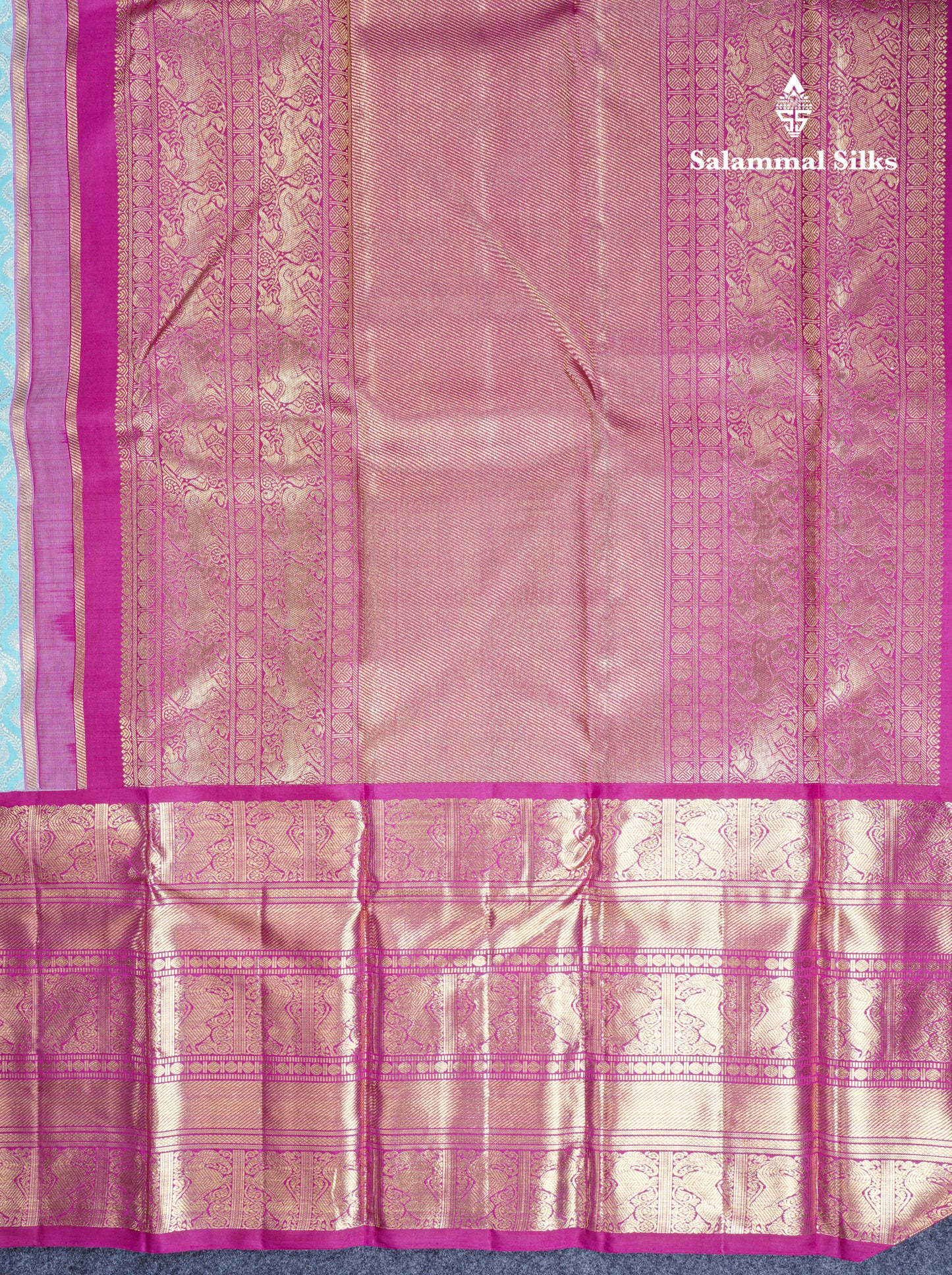 Light Ramar Blue Bridal Pure Kanjivaram Silk Saree 2G Zari With Magenta Traditional Long Border