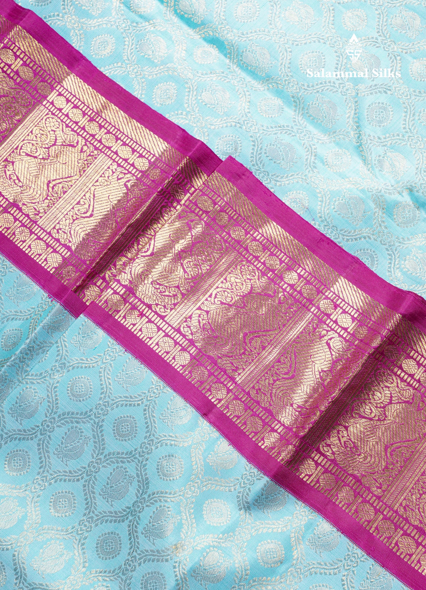 Light Ramar Blue Bridal Pure Kanjivaram Silk Saree 2G Zari With Magenta Traditional Long Border