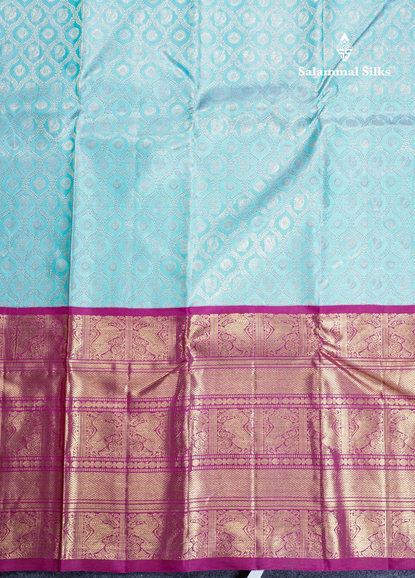 Light Ramar Blue Bridal Pure Kanjivaram Silk Saree 2G Zari With Magenta Traditional Long Border
