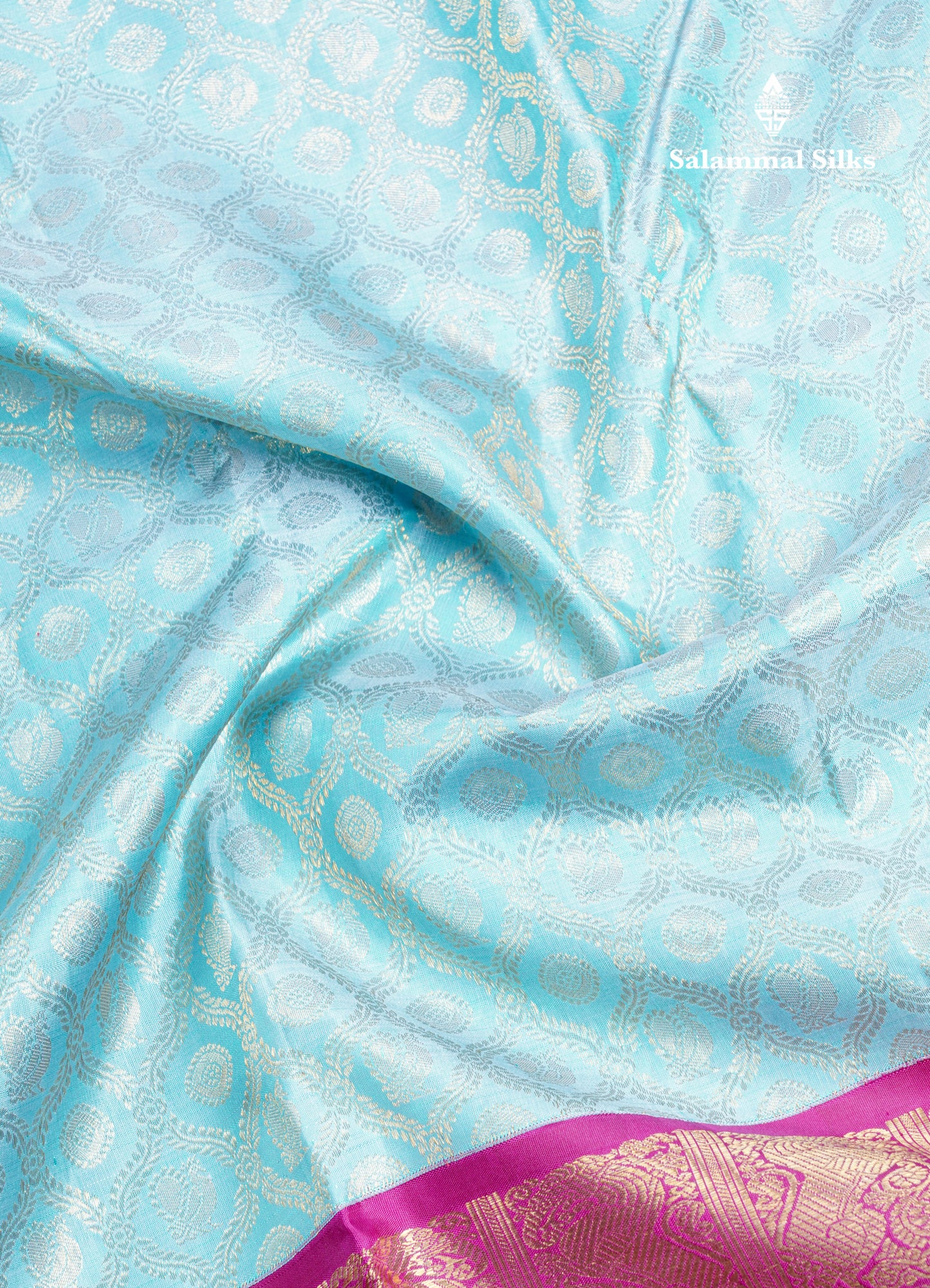 Light Ramar Blue Bridal Pure Kanjivaram Silk Saree 2G Zari With Magenta Traditional Long Border