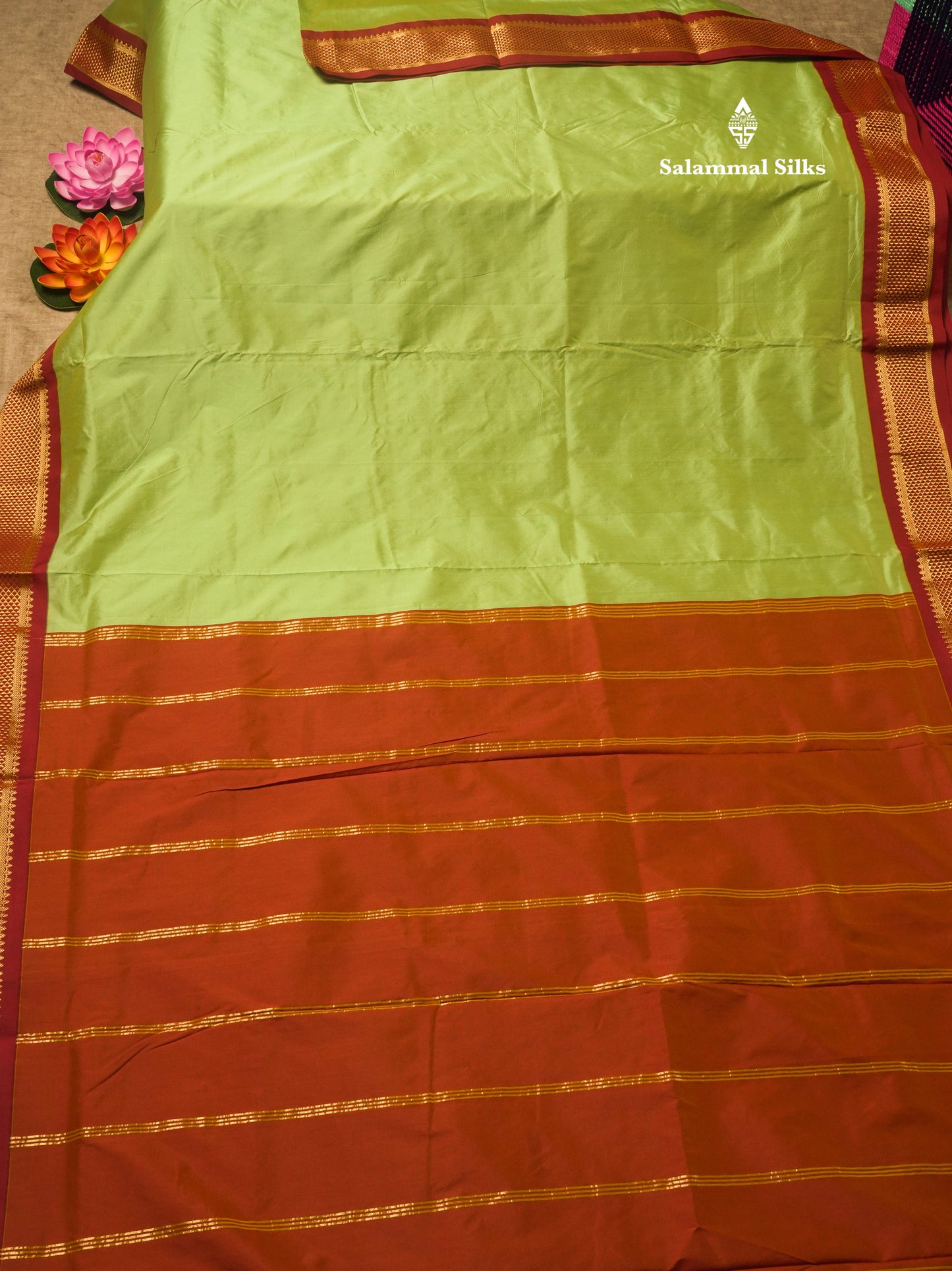 9.5 Yards Semi Silk Saree Light Green with Contrast Maroon Border