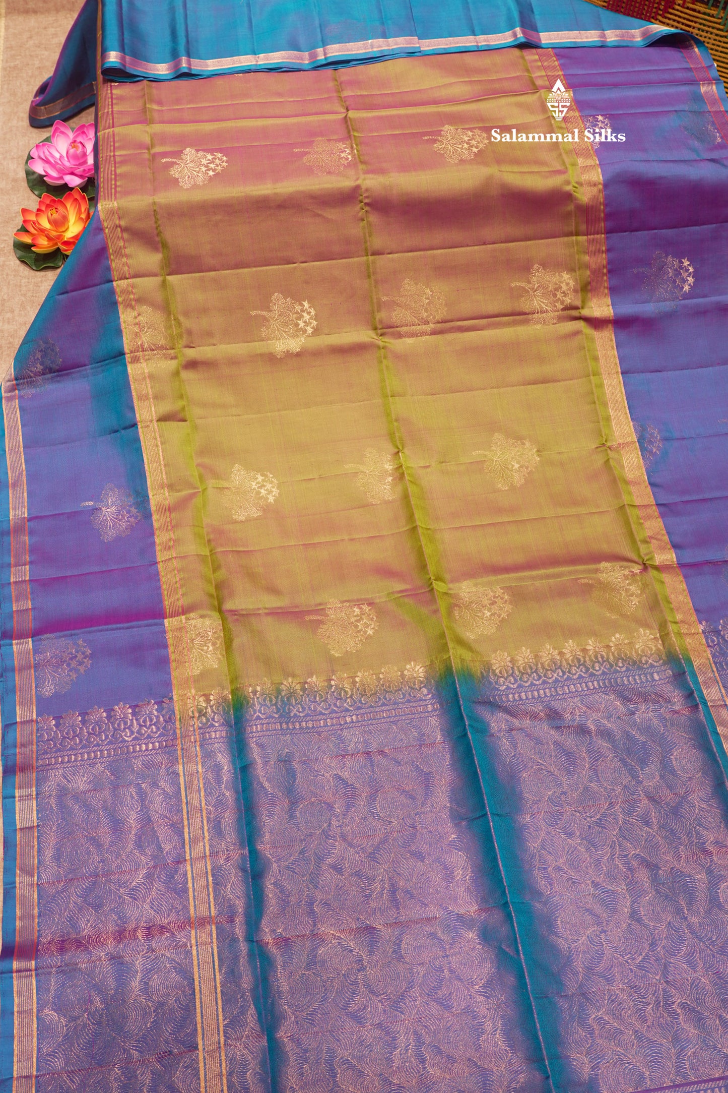 Olive mustard Yellow Colour Pure Kanjivaram Soft Silk Saree With Violet Border