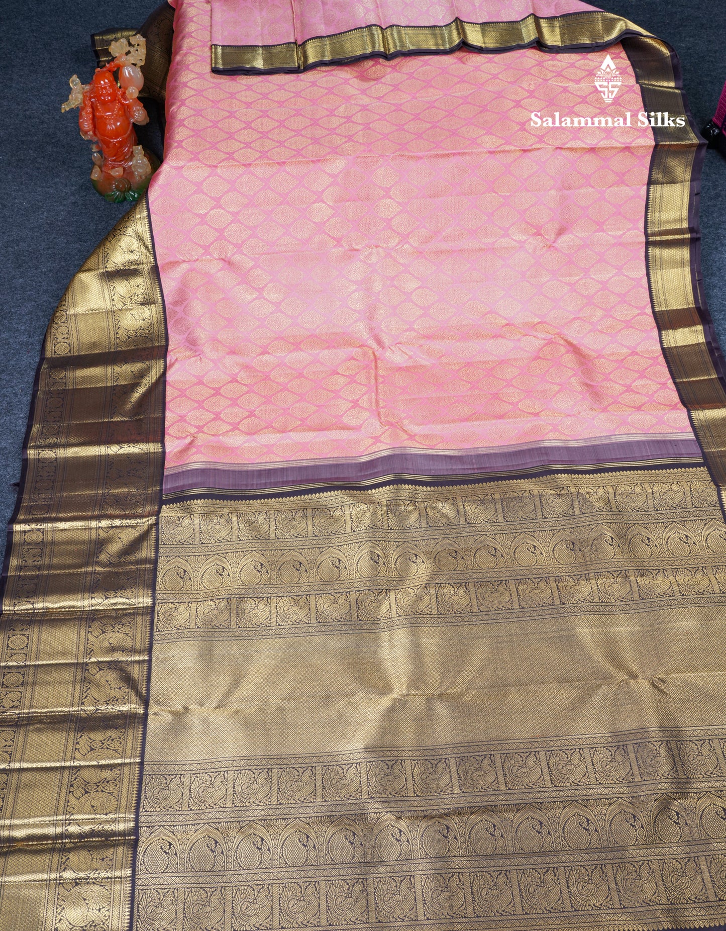 Onion Pink Beautiful Bridal Pure Kanjivaram Silk Saree With Traditional Korvai Dark Brown Border