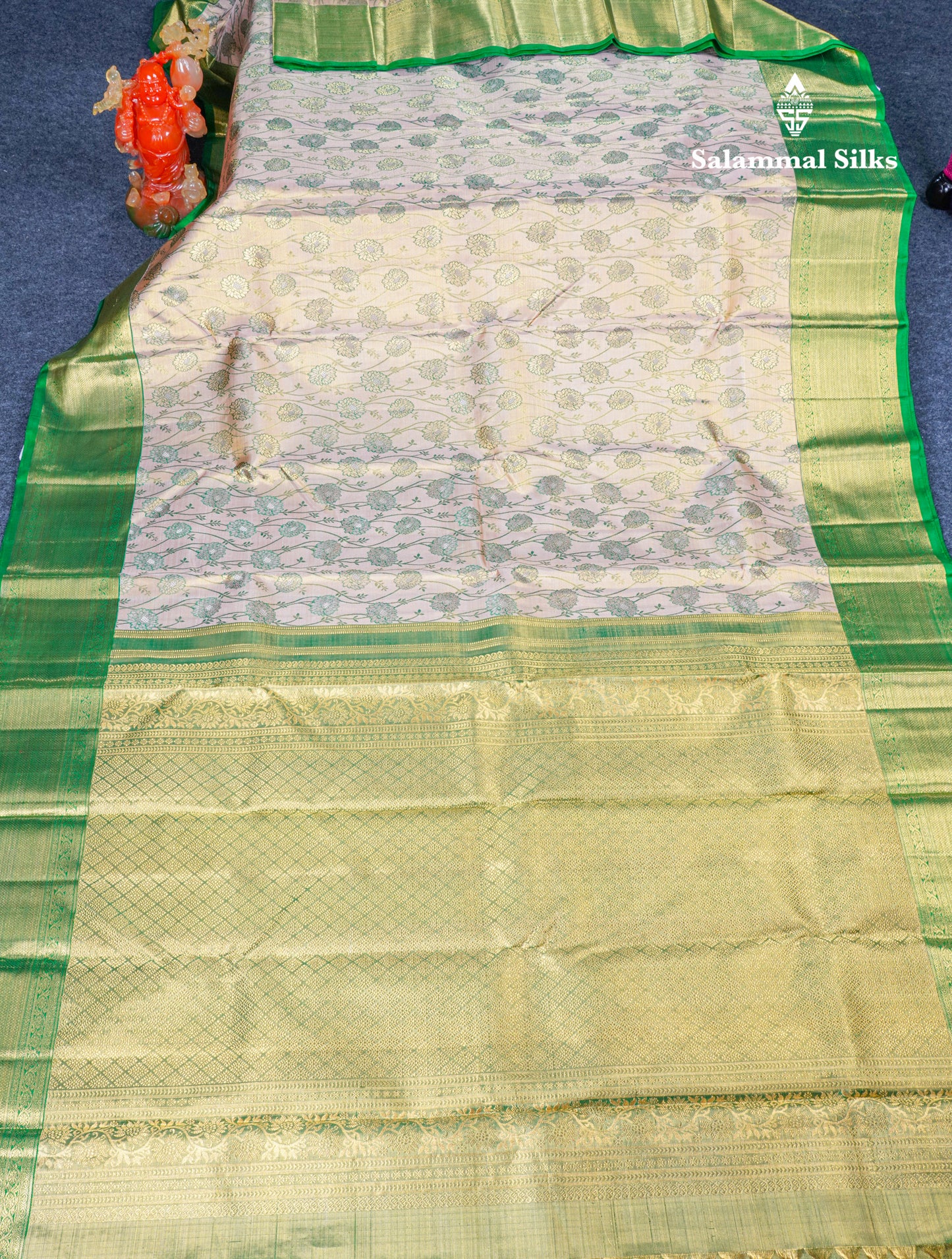Peach Beautiful Meenakari Work Pure Kanjivaram Silk Saree 2G Zari With Green Border