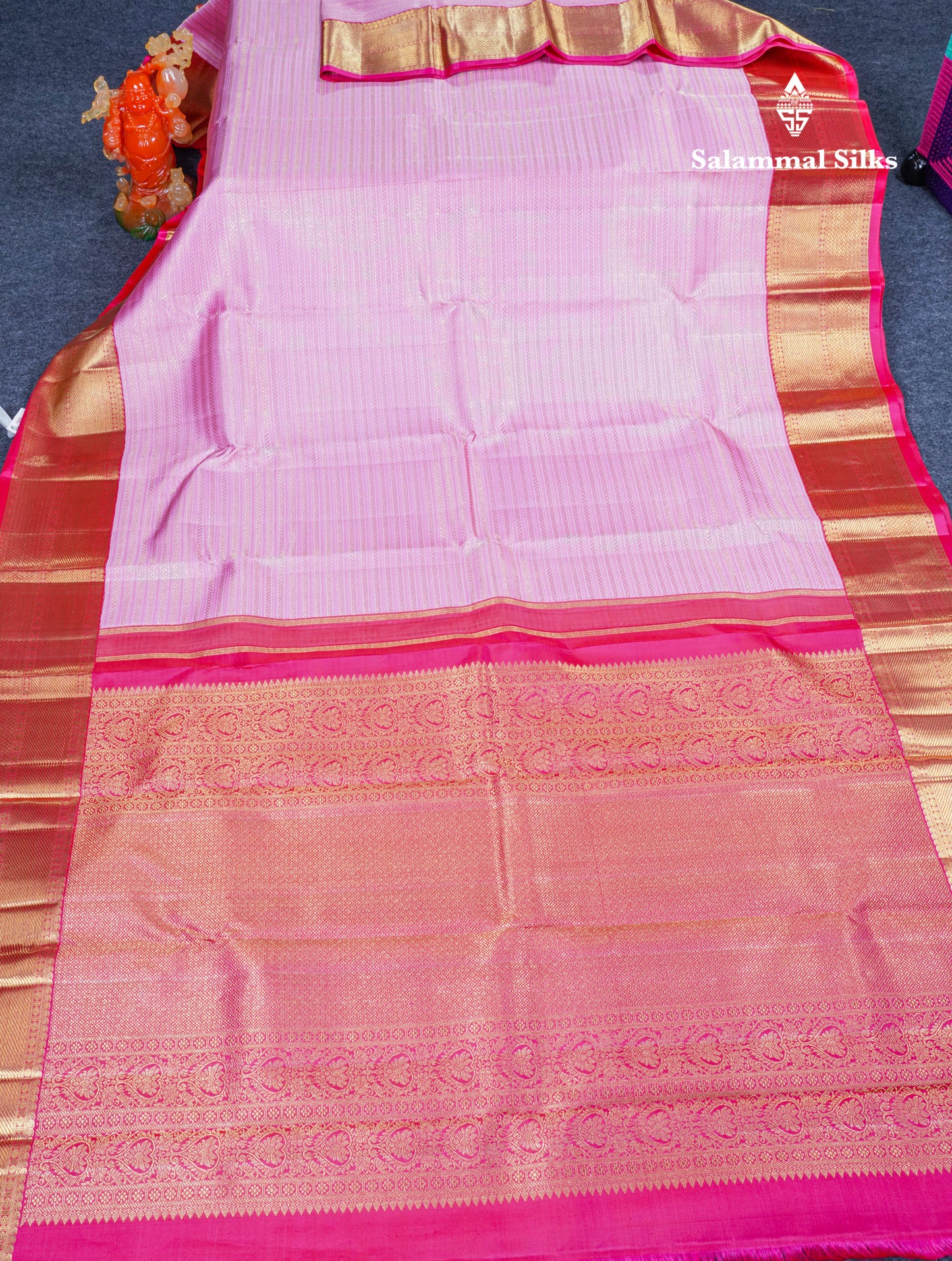 Light Pink Beautiful Bridal Pure Kanjivaram Silk Saree 2G Zari With Traditional Korvai Pink Border