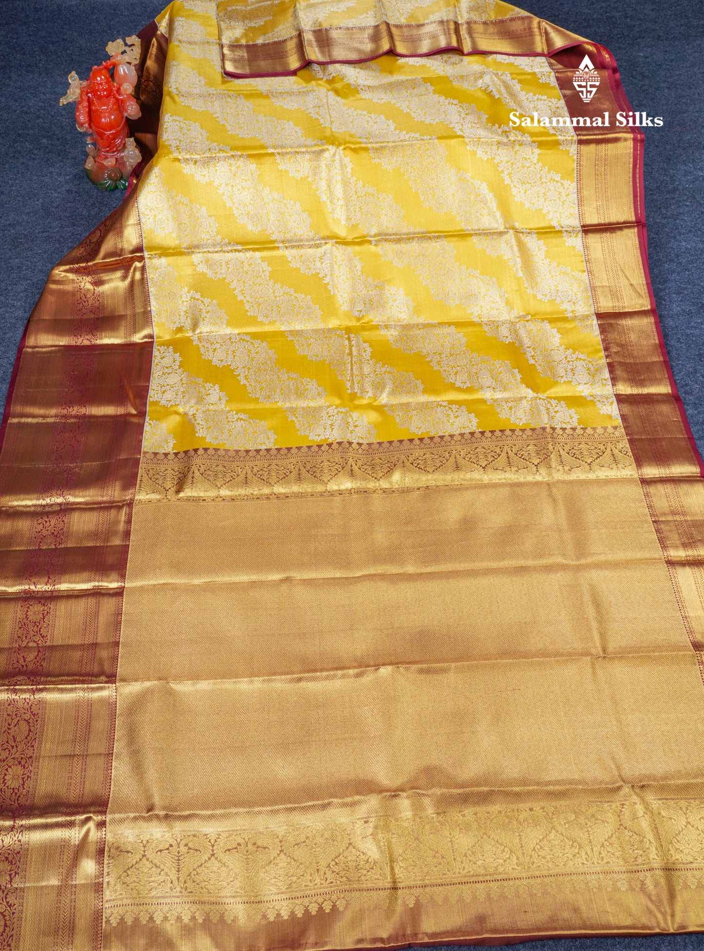 Golden Yellow Beautiful Bridal Pure Kanjivaram Silk Saree With Maroon Traditional Evening Morning Border