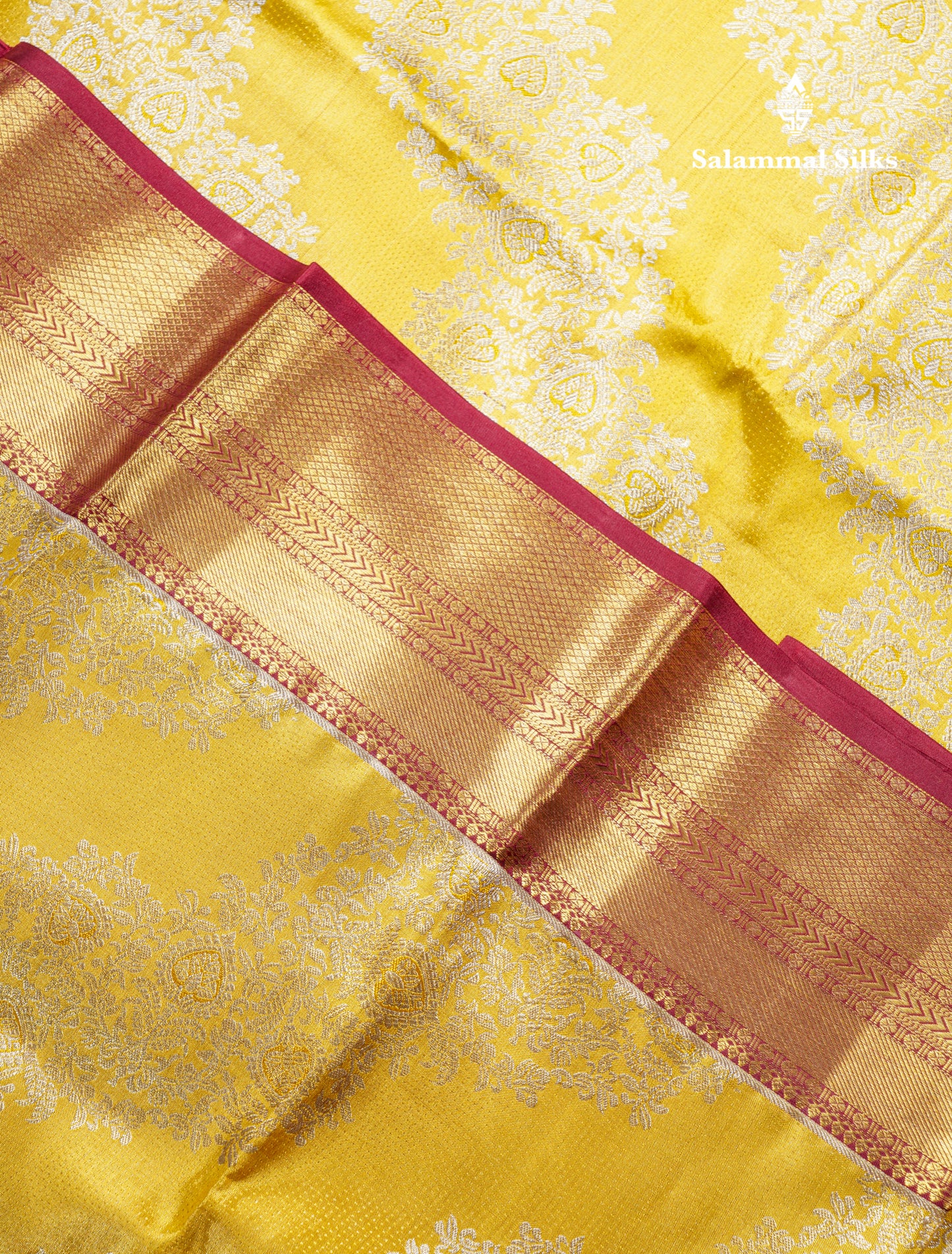 Golden Yellow Beautiful Bridal Pure Kanjivaram Silk Saree With Maroon Traditional Evening Morning Border