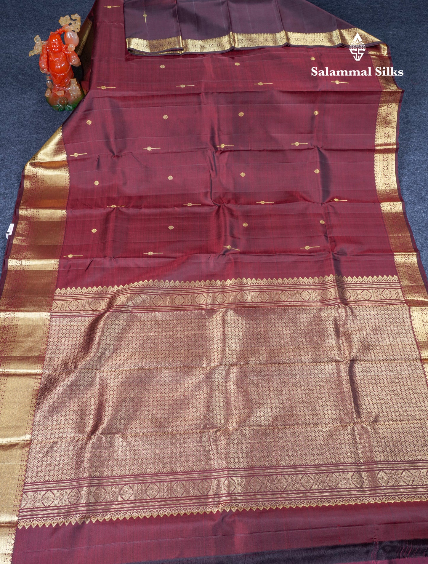 Maroon Beautiful Small Buttas Pure Kanjivaram Silk Saree With Self Border
