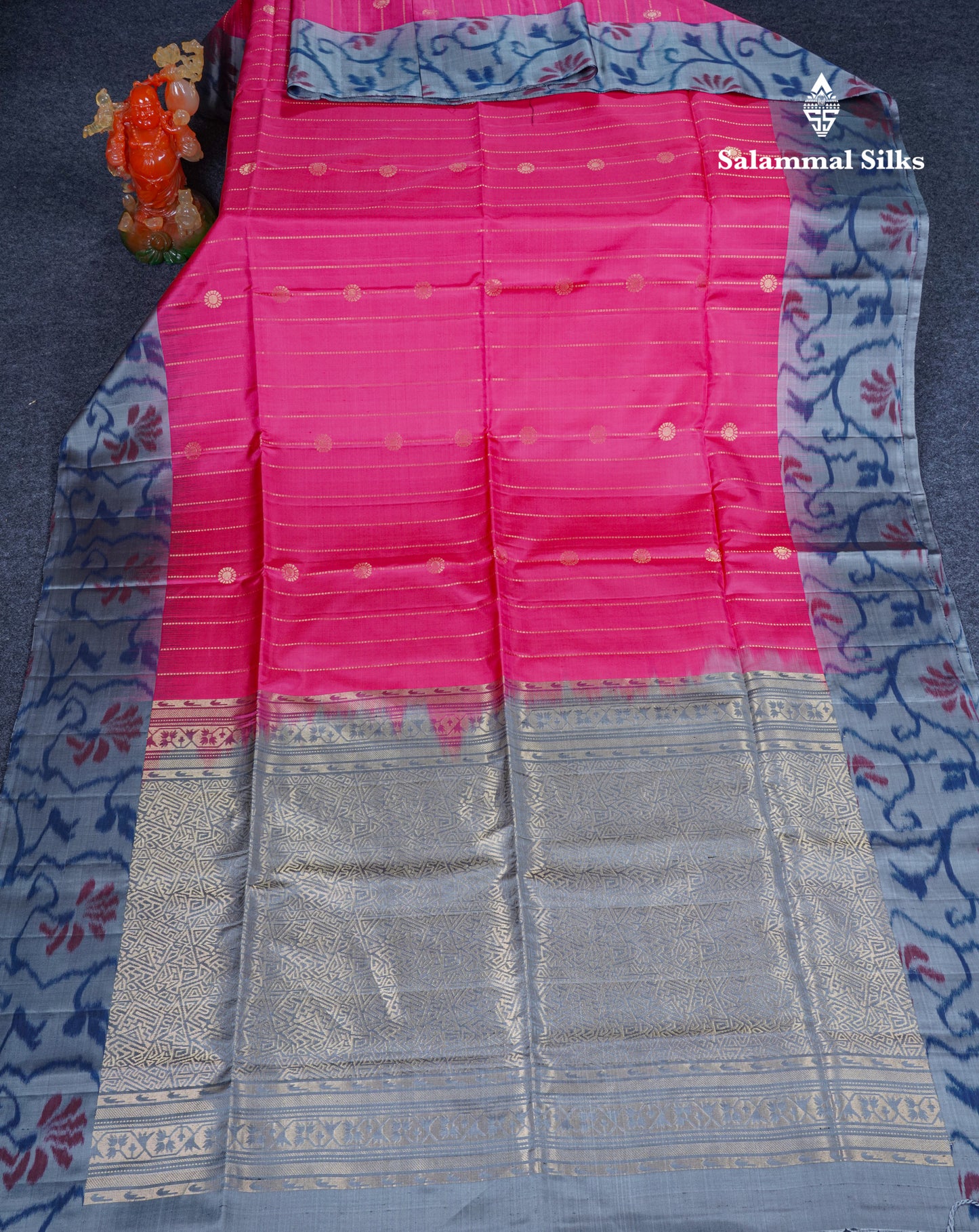 Pink Pure Kanjivaram Soft Silk Saree With Grey Beautiful Pochampalli Border