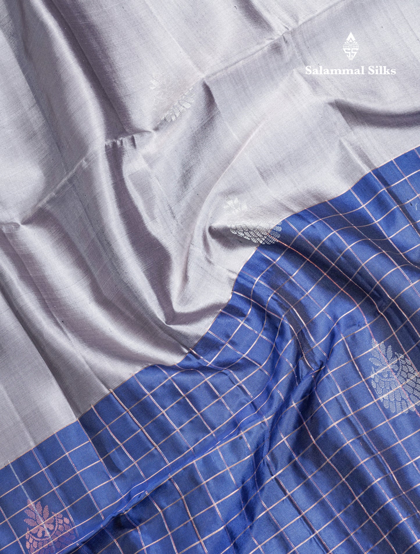 Beautiful Grey Pure Kanjivaram Soft Silk Saree With Navy Blue Zari Lines One Side Border