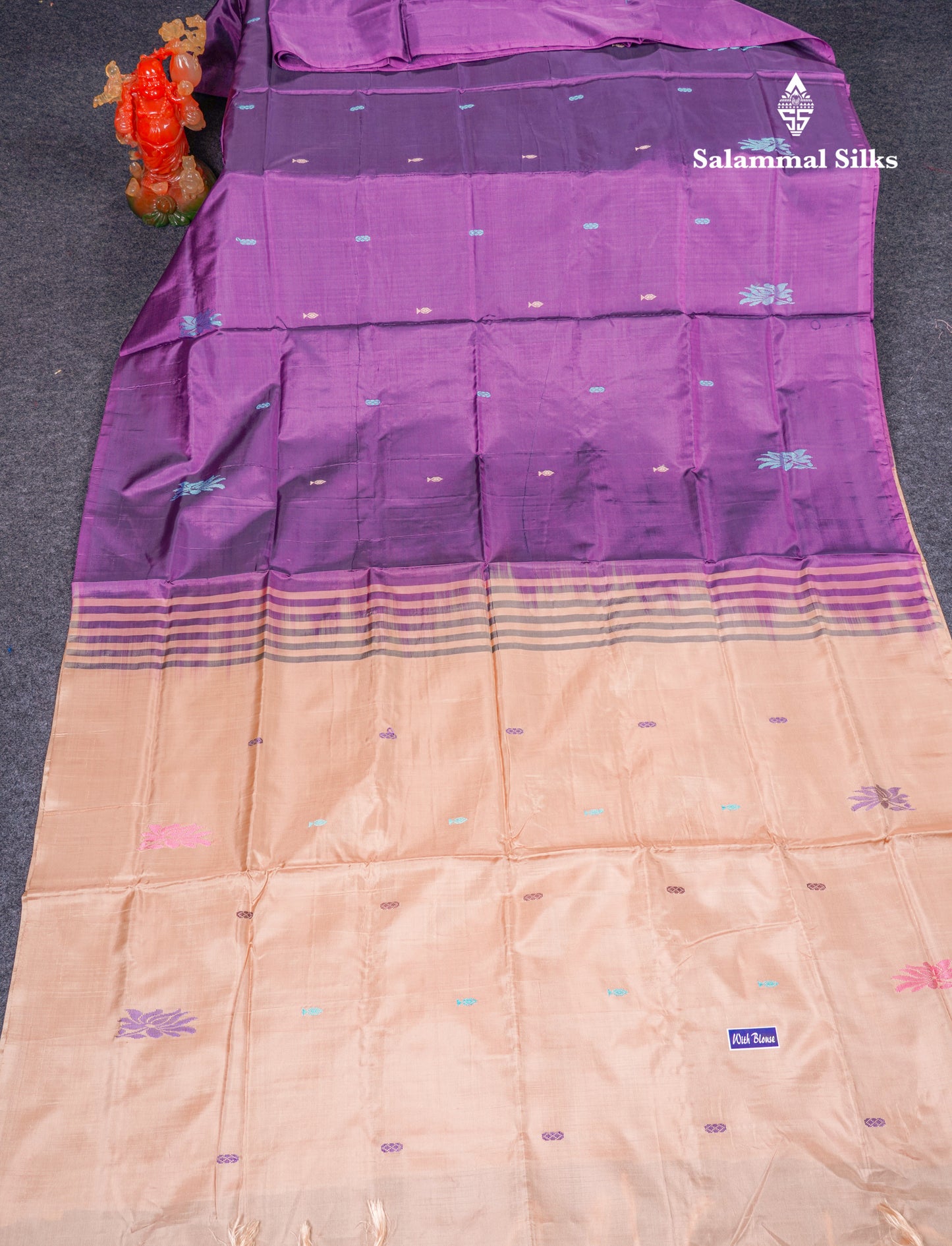 Purple Thread work Buttas Banana Pinth Saree (Vaazhainaar Pattu) With Contrast Sandal Blouse