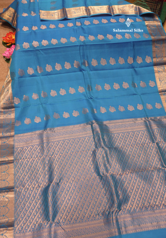 Blue Colour Pure Kanjivaram Silk Saree With Gold Zari Border