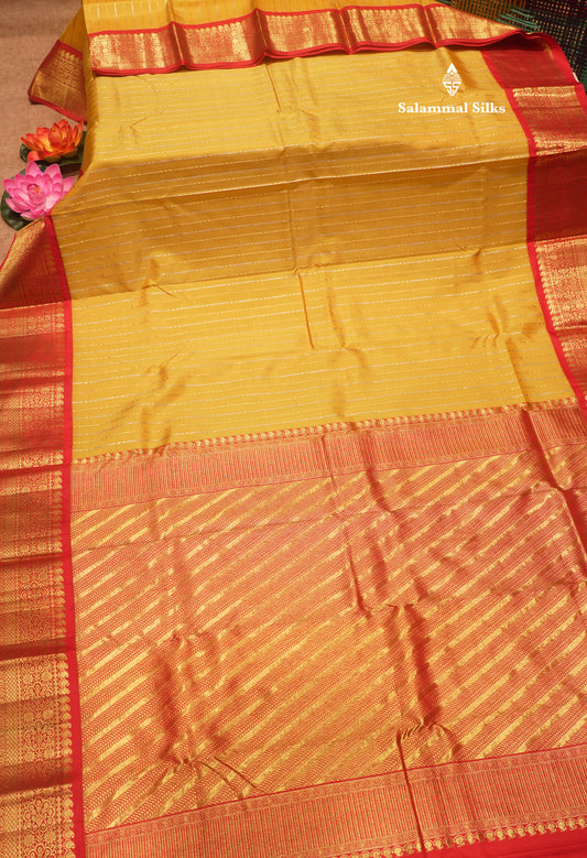 Yellow Colour Pure Kanjivaram Silk Saree With Contrast Red Border
