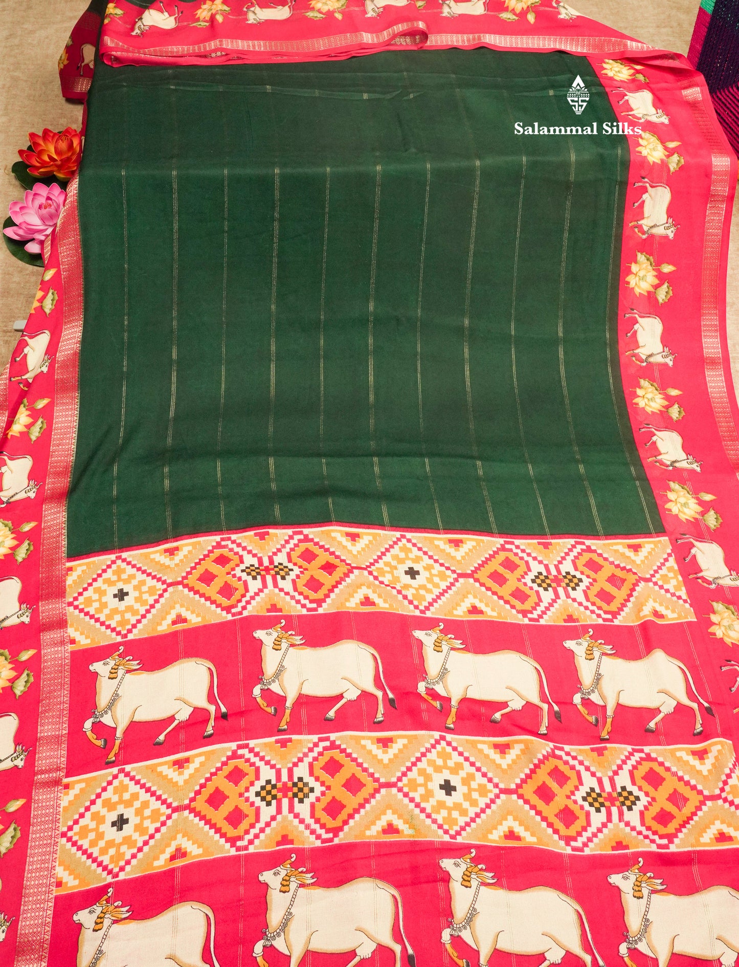 Bottle Green Semi Crepe Saree With Contrast Reddish Pink Border