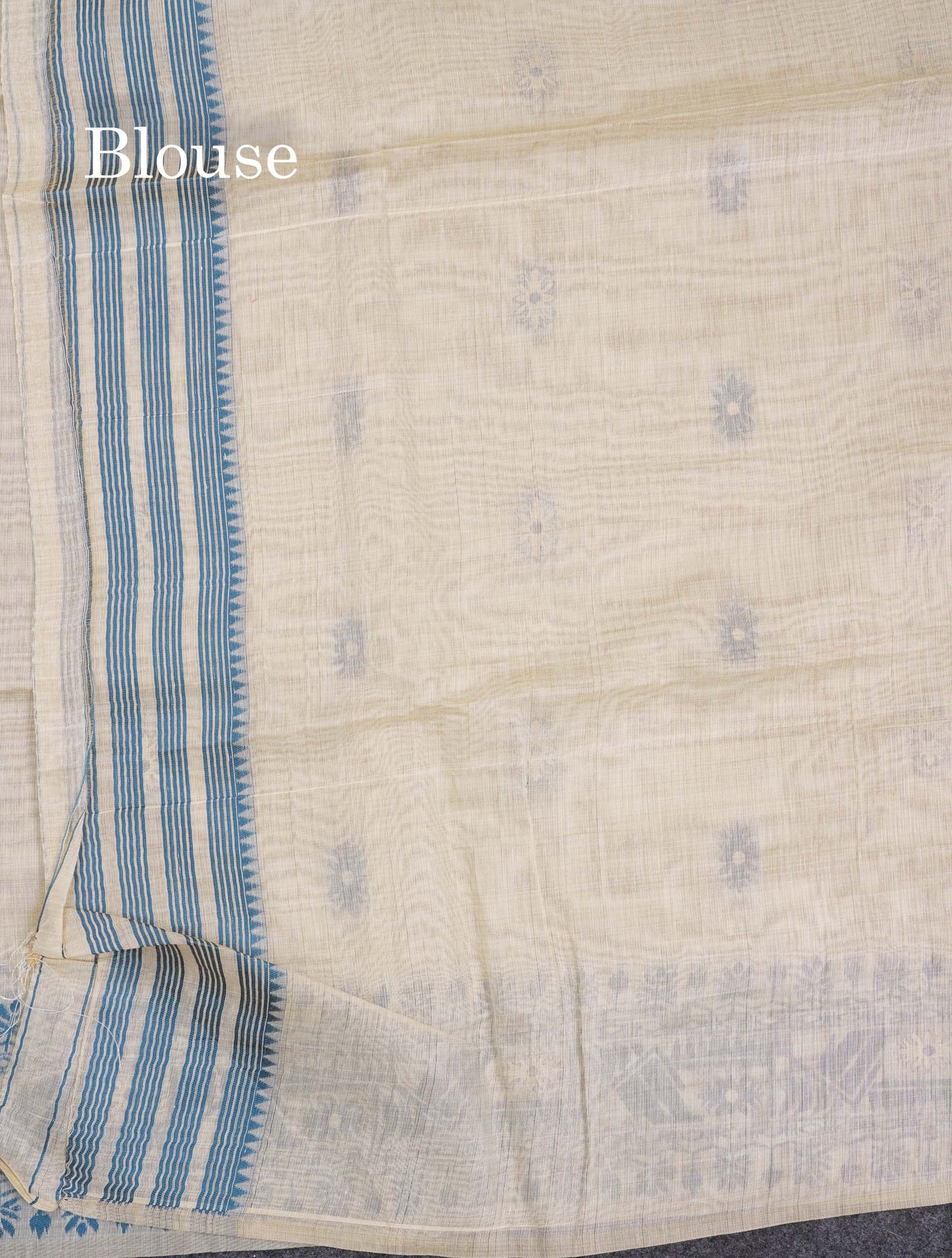 Beautiful Cream Sandal Cotton Mix Saree With Contrast Ramar Blue Border