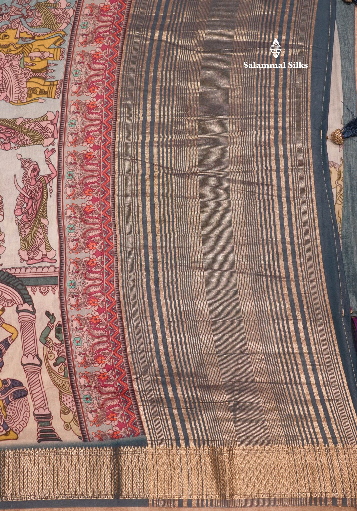 Viscose KalamKari Saree Light Blue With Gold Zari Border