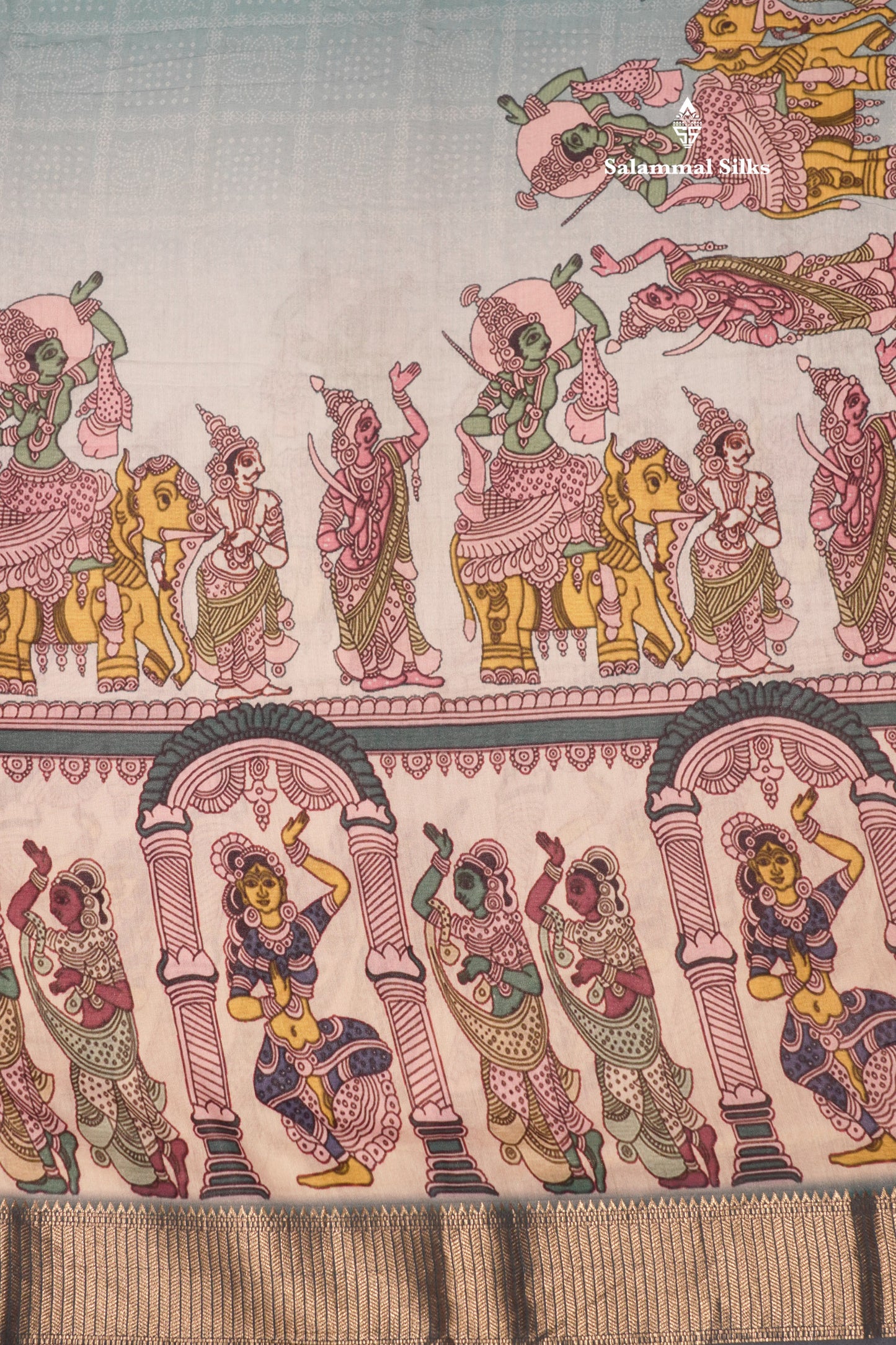 Viscose KalamKari Saree Light Blue With Gold Zari Border