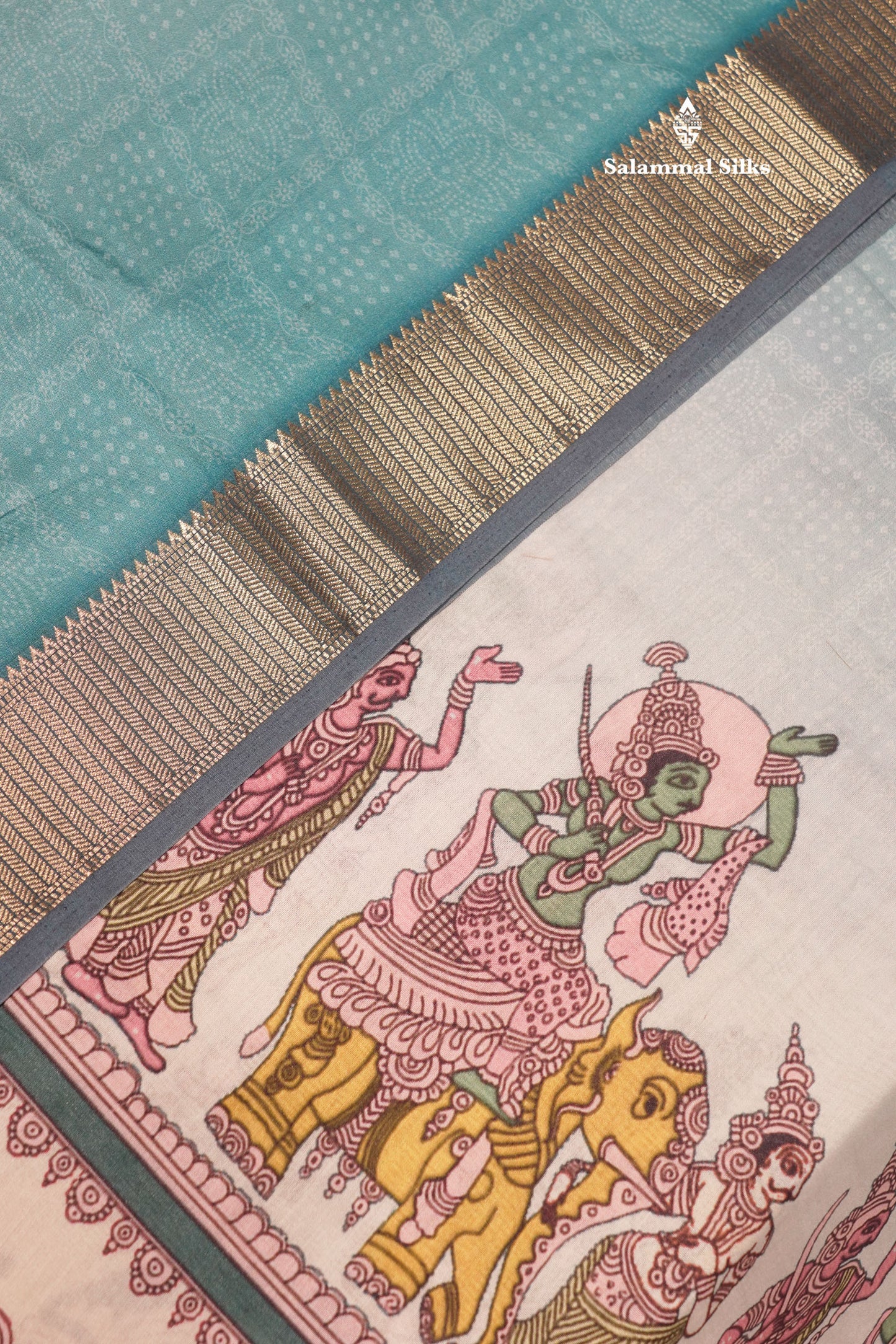 Viscose KalamKari Saree Light Blue With Gold Zari Border