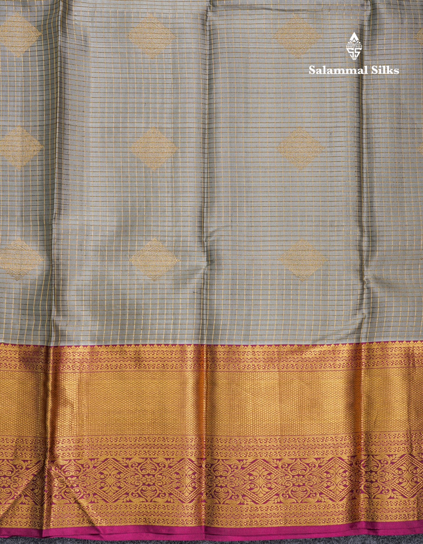 Elephant Grey Small Checks Pure Kanjivaram Silk Saree With Contrast Magenta Border
