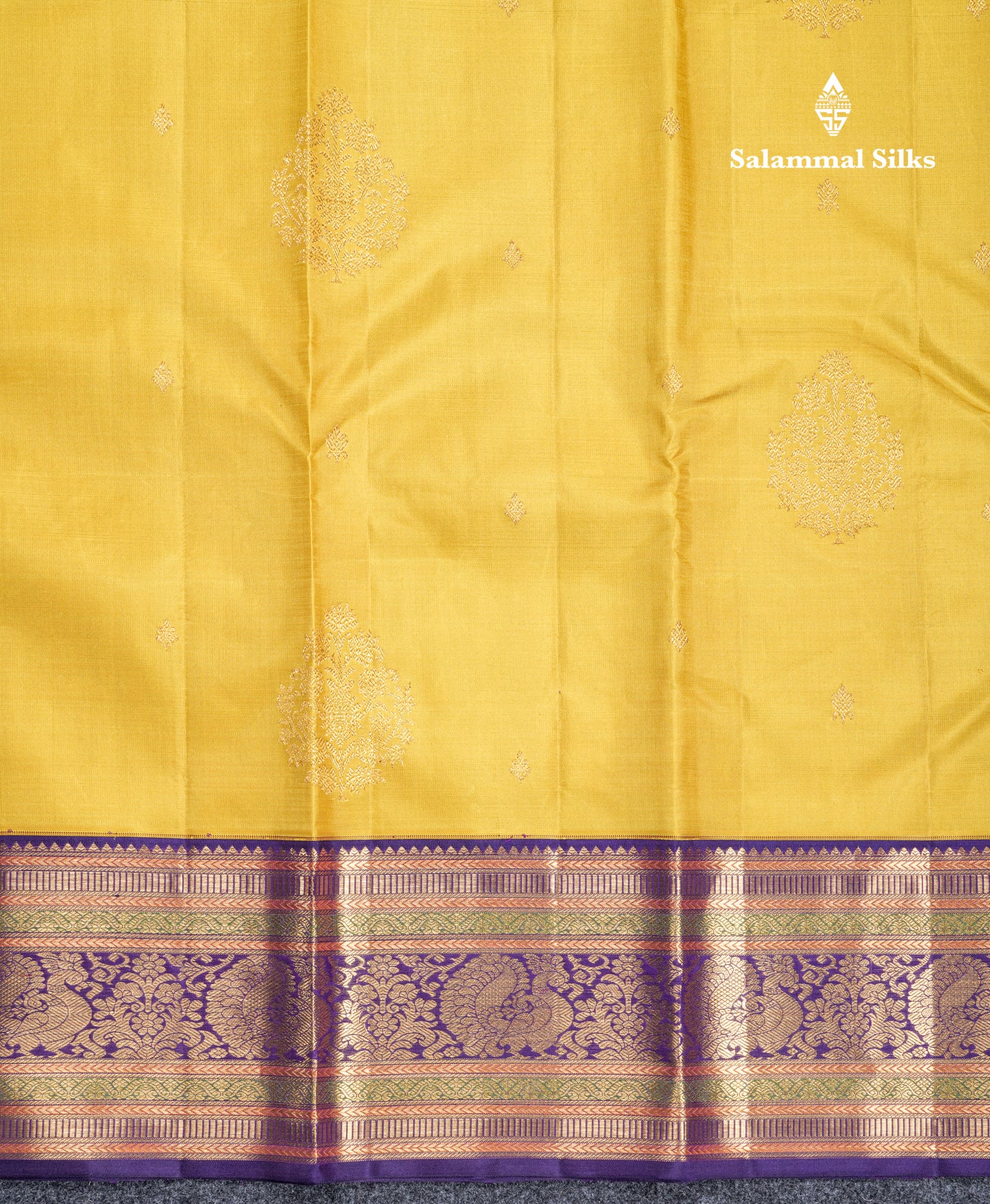 Korvai Mustard Yellow Pure Kanjivaram Silk Saree With Contrast Violet Traditional Border