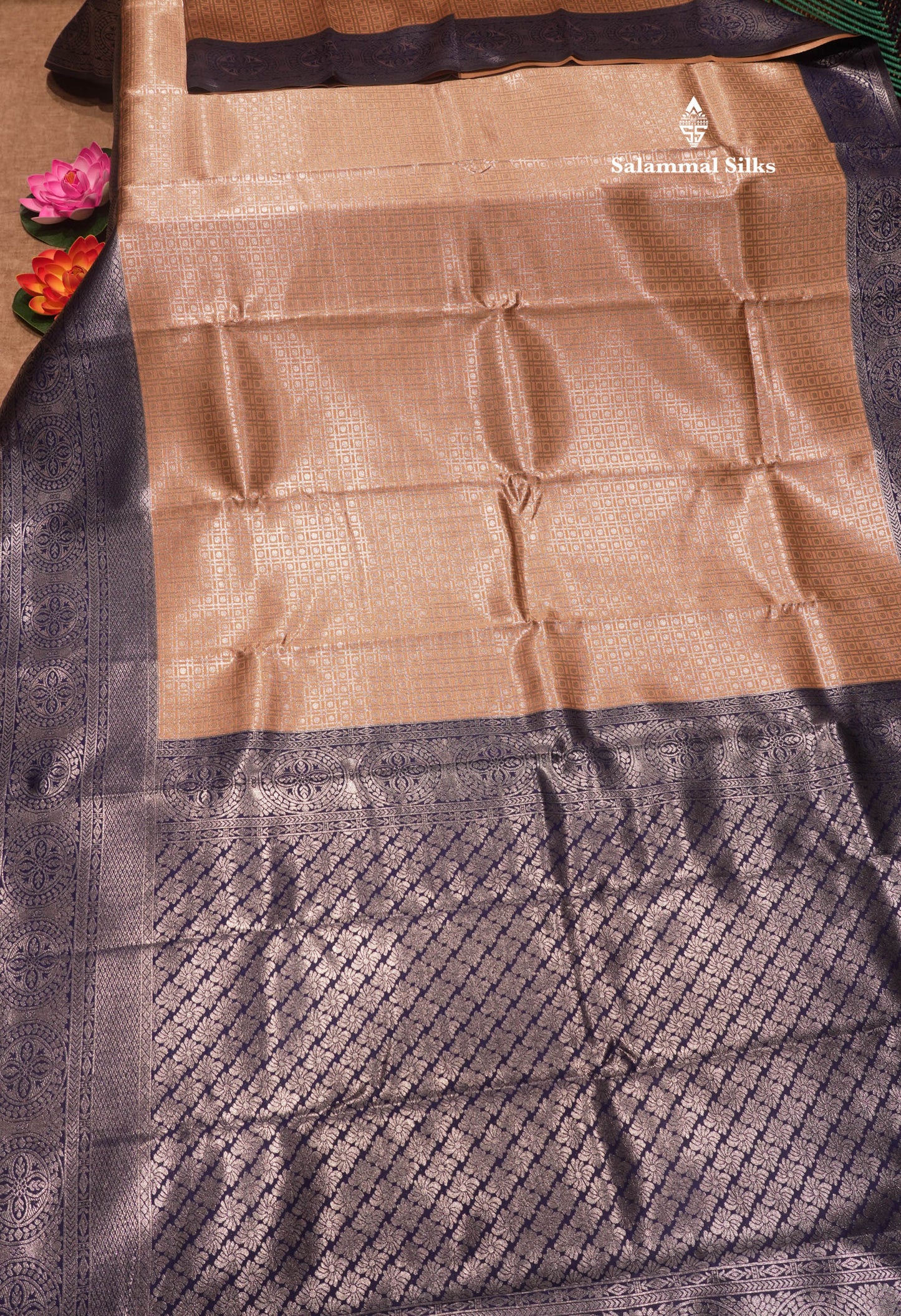 Chocolate Colour Semi Silk TissueSaree With Contrast Navy Blue Border