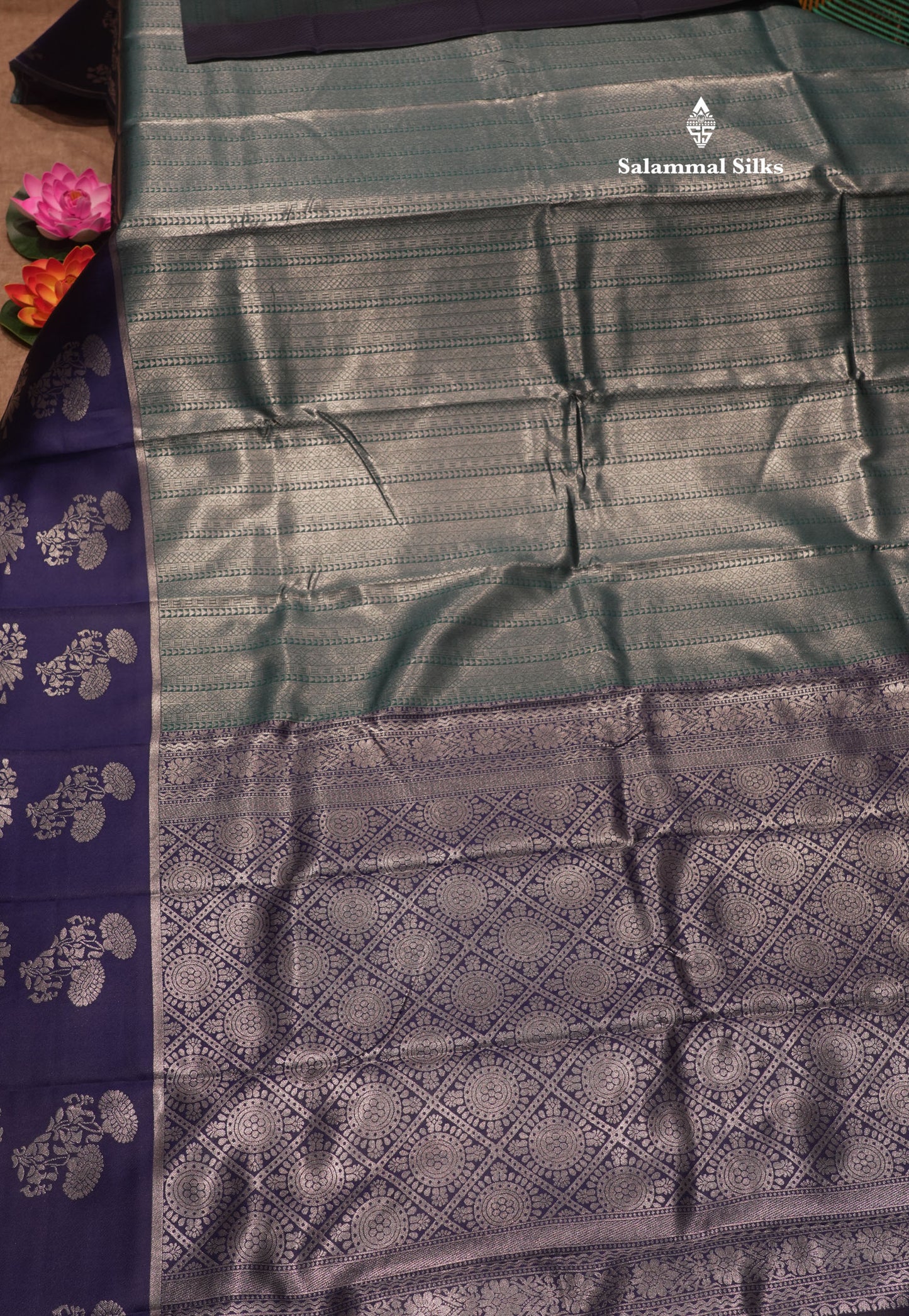 Peacock Green Colour Semi Silk Tissue Saree With Contrast Navy Blue Border