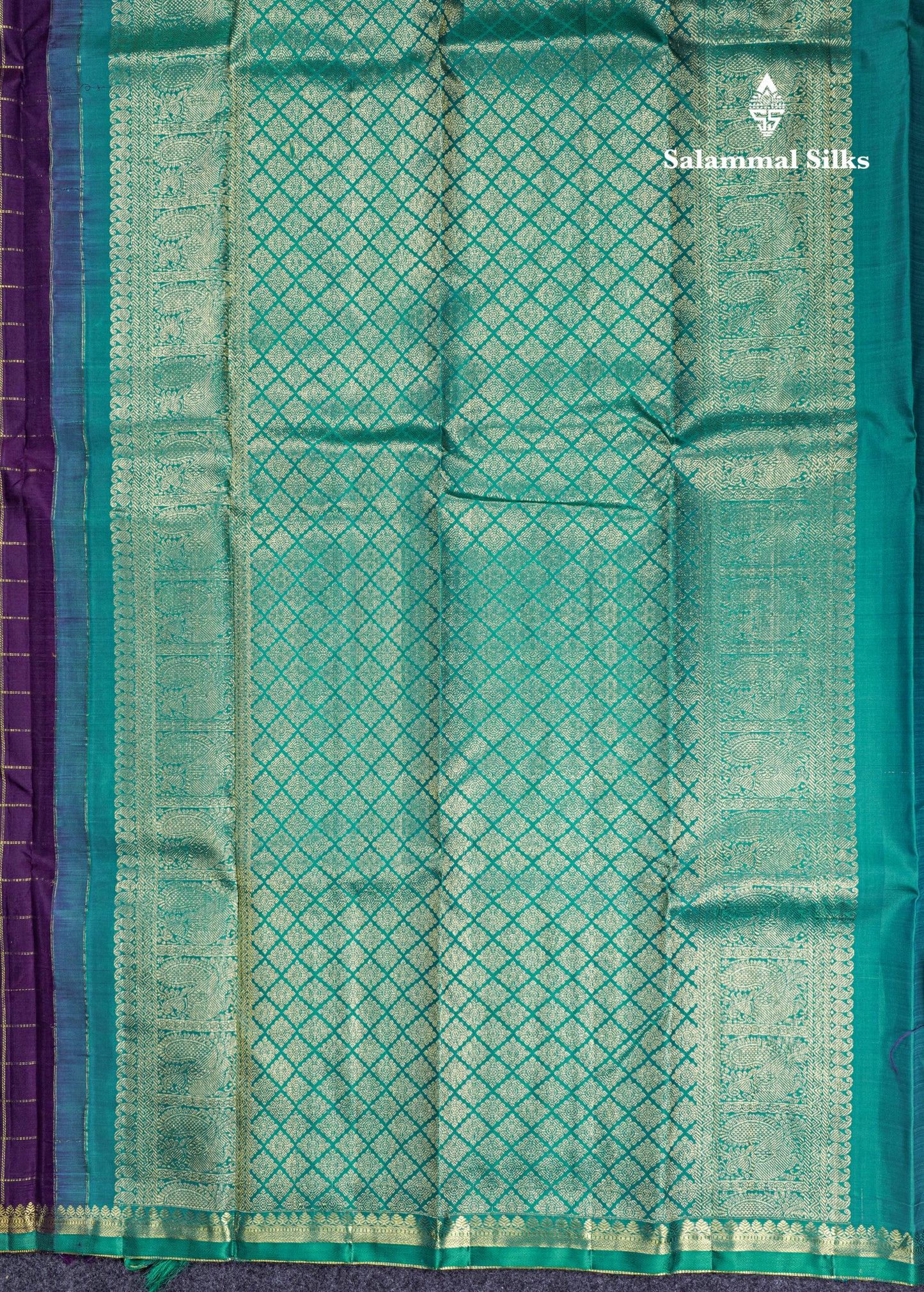Dark Purple Zari Checks Pure Kanjivaram Silk Saree With Traditional Small Border