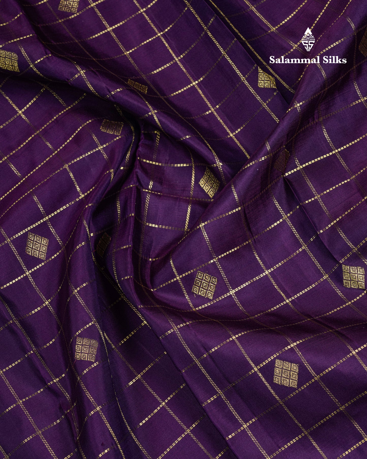 Dark Purple Zari Checks Pure Kanjivaram Silk Saree With Traditional Small Border