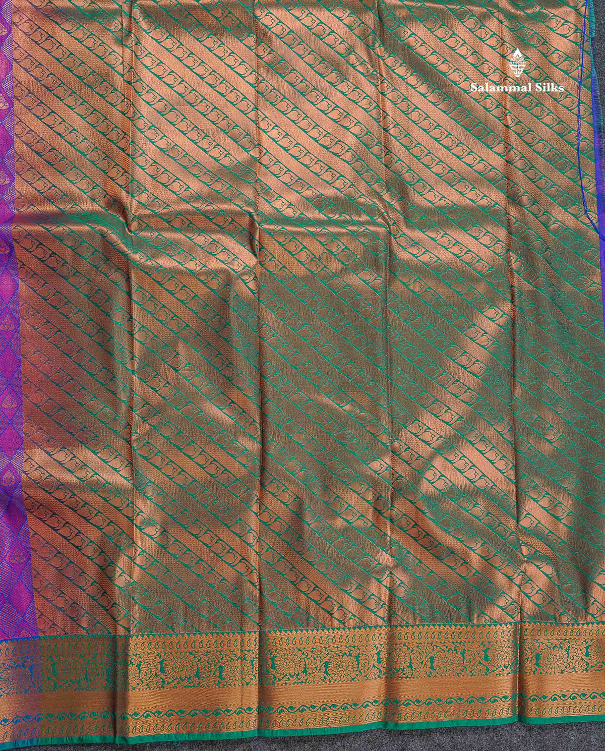 Semi Silk Saree - Violet Colour Body With Contrast Peacock Green Border