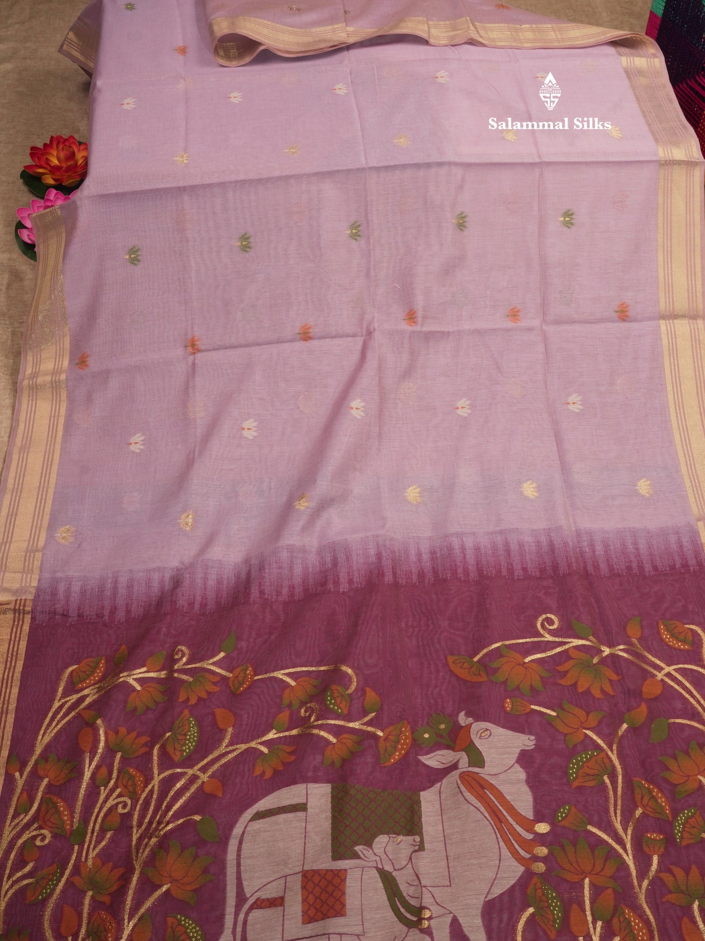 Lavender Colour Meenakari Work Muga Cotton Saree With Contrast Purple Blouse
